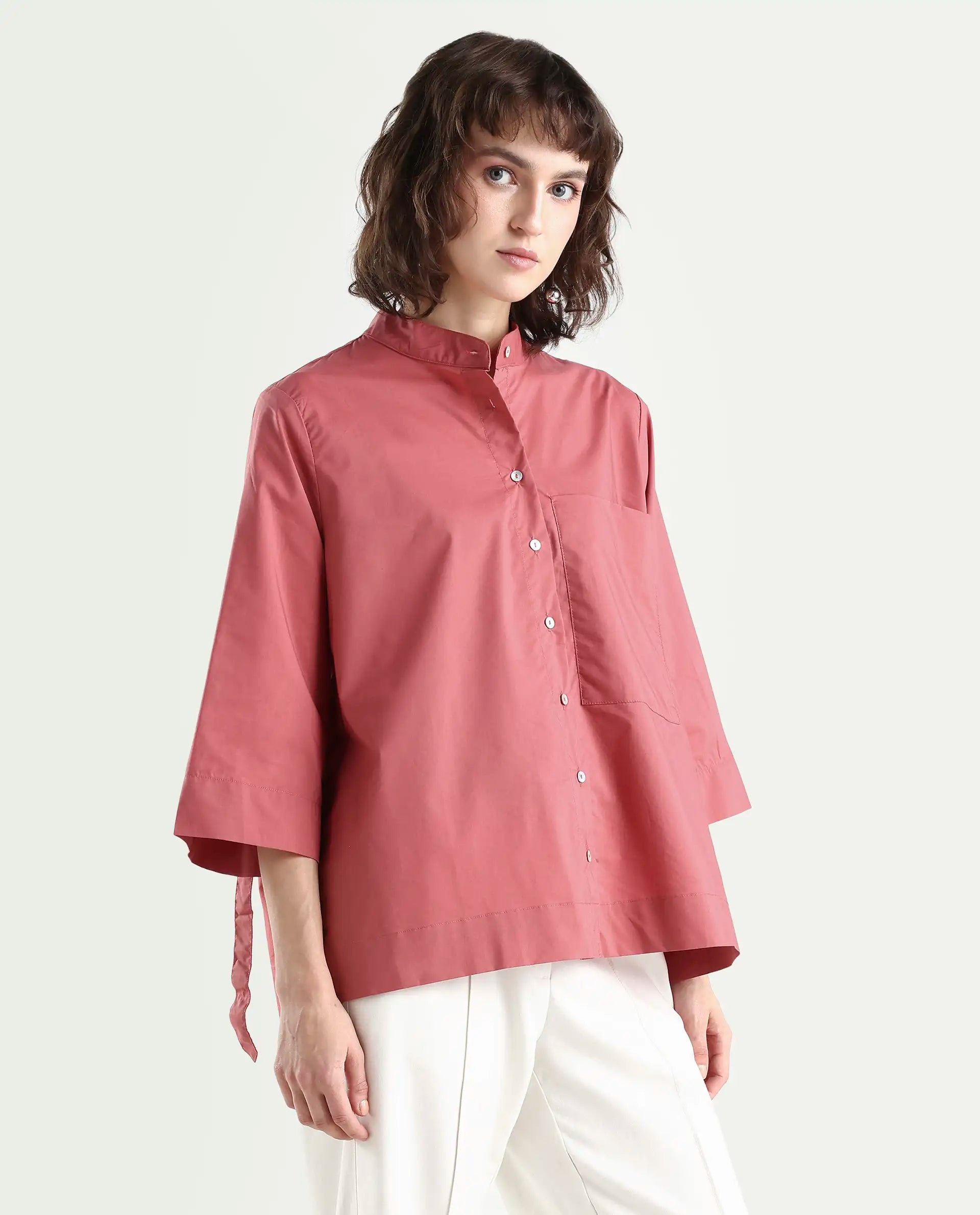 Rareism Women's Sendai Red Mandarin Collar Plain Knee Length Regular Fit Top