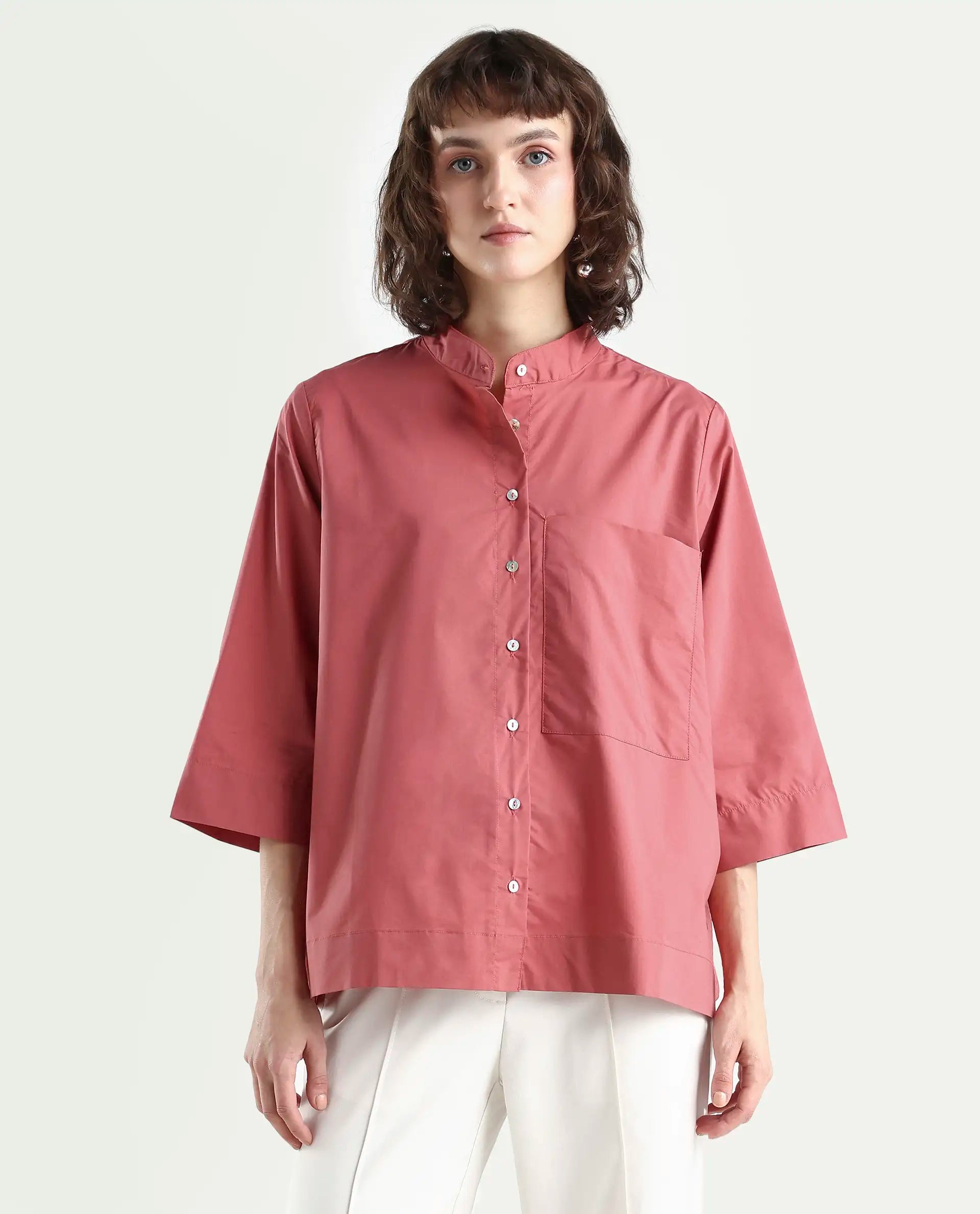 Rareism Women's Sendai Red Mandarin Collar Plain Knee Length Regular Fit Top