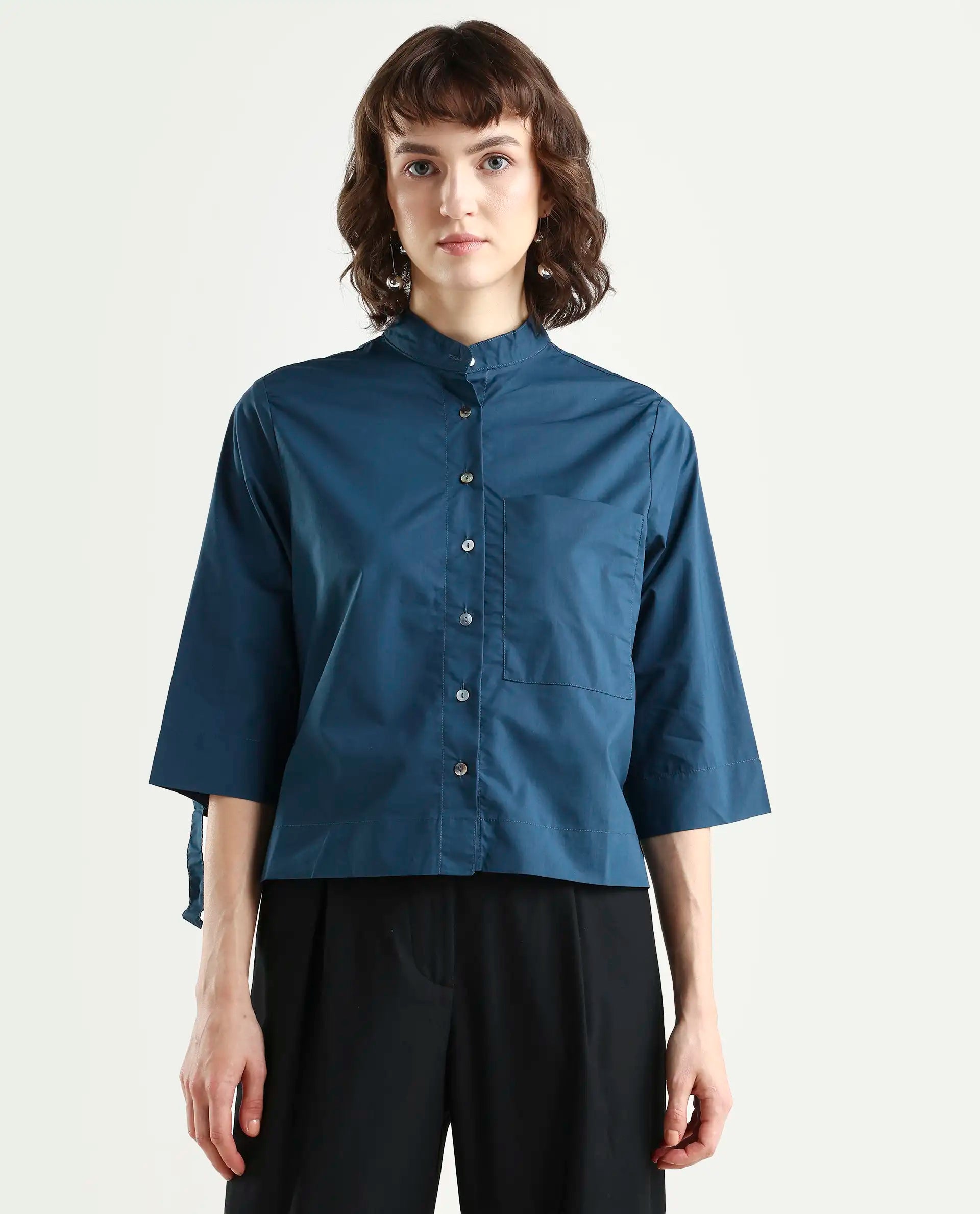 Rareism Women's Sendai Petrol Mandarin Collar Plain Knee Length Regular Fit Top
