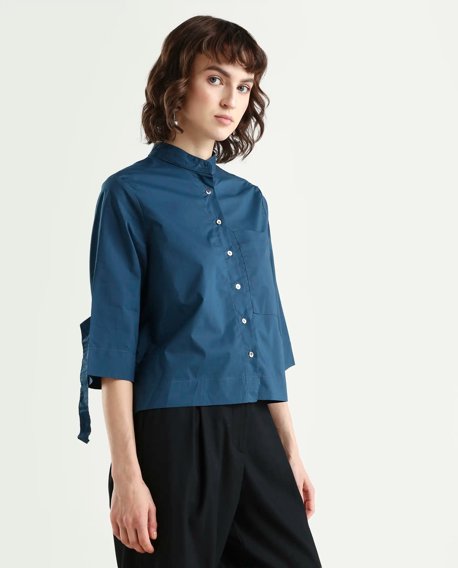 Rareism Women's Sendai Petrol Mandarin Collar Plain Knee Length Regular Fit Top