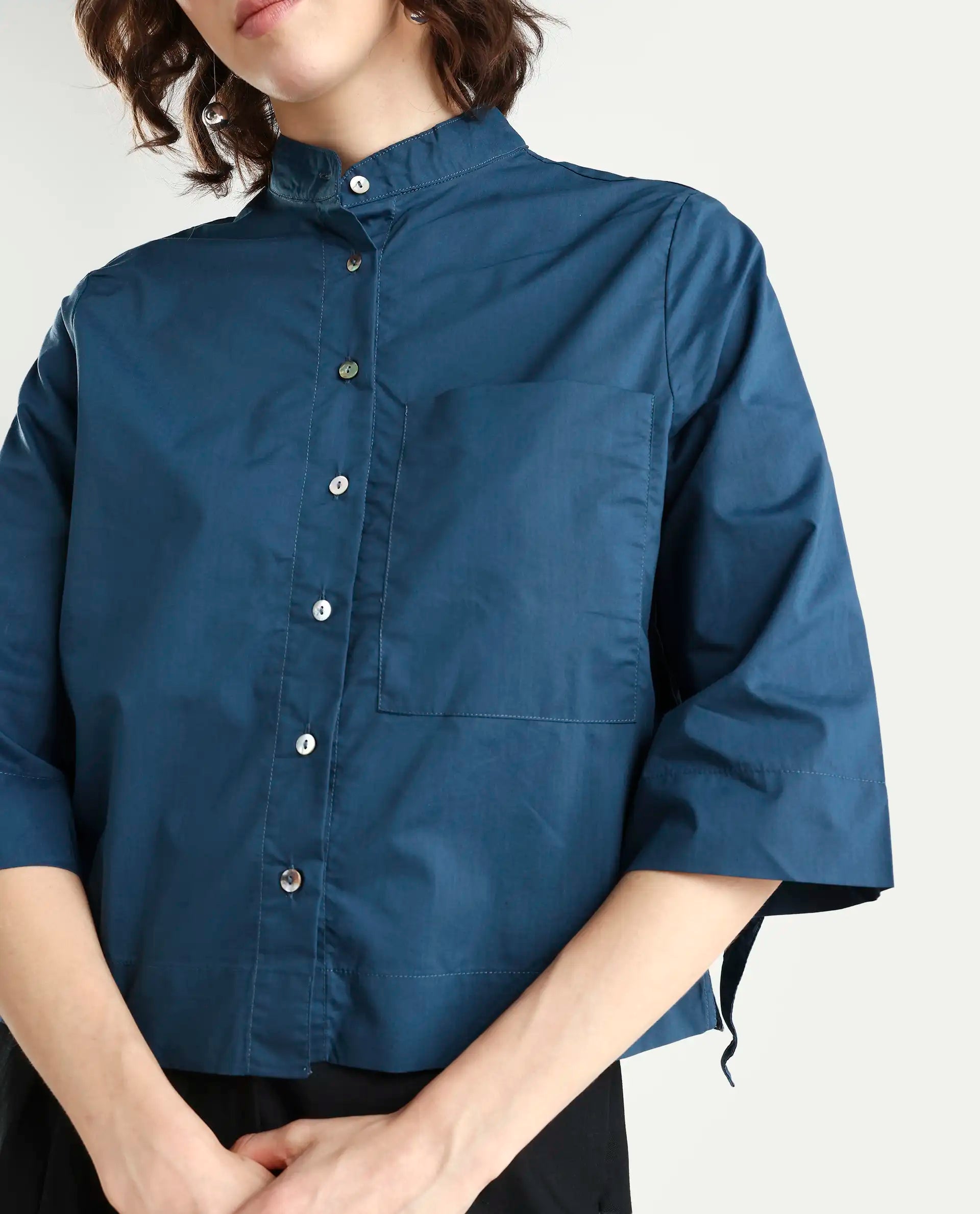 Rareism Women's Sendai Petrol Mandarin Collar Plain Knee Length Regular Fit Top