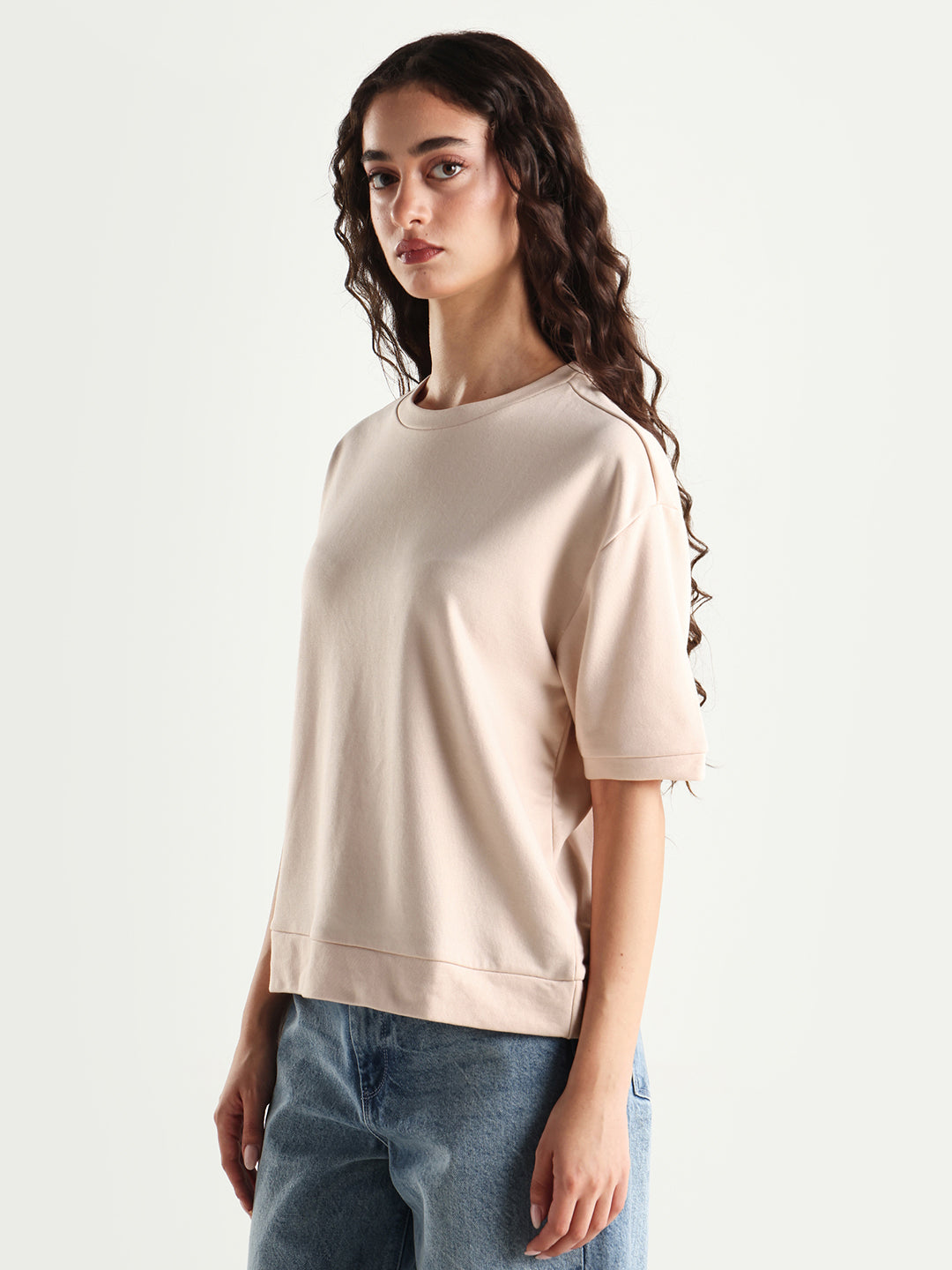 Rareism Women's Medium Weight Terry 290 Gsm Cotton Crew Neck Plain Relaxed Fit Sweat Tee