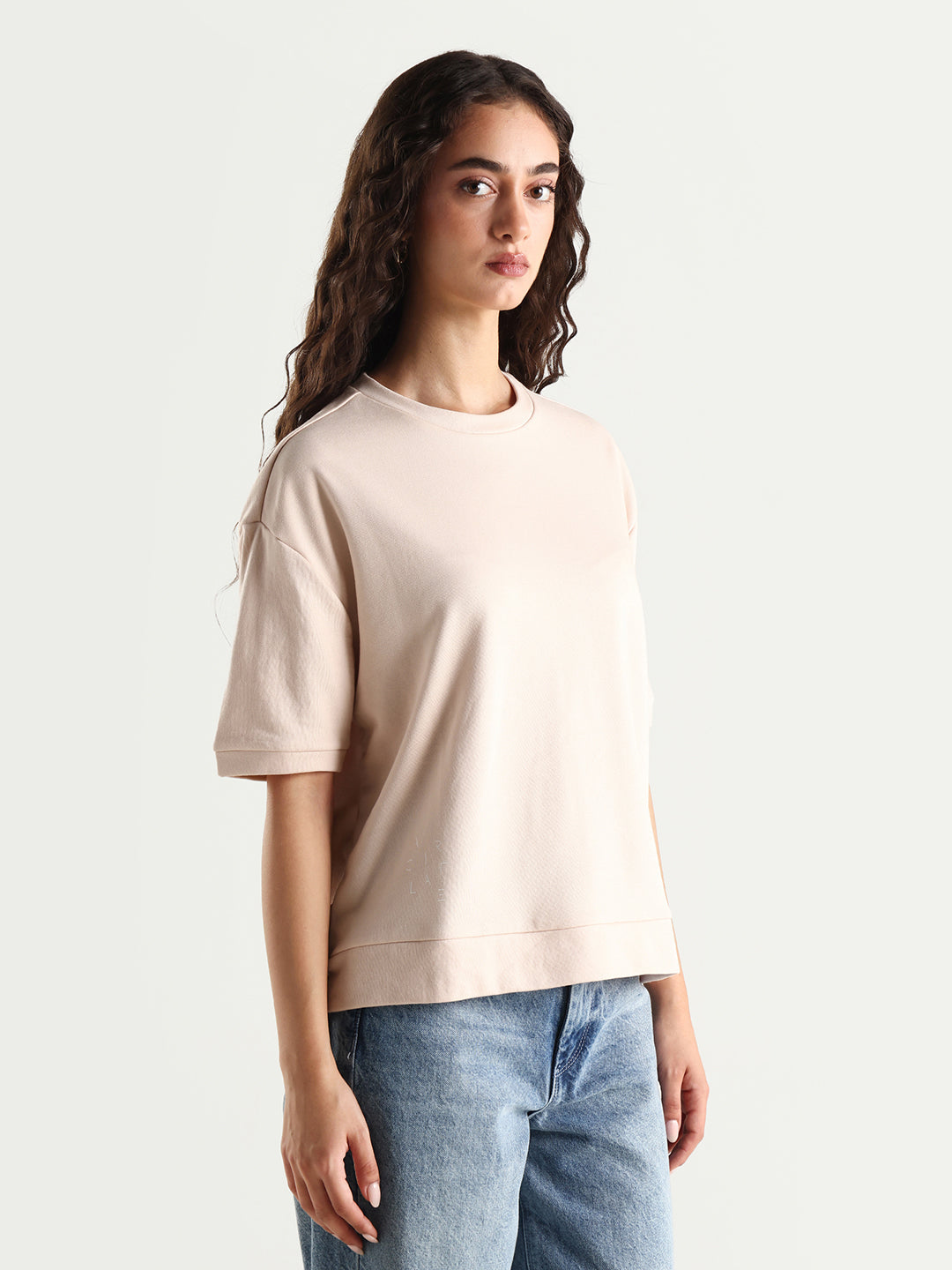 Rareism Women's Medium Weight Terry 290 Gsm Cotton Crew Neck Plain Relaxed Fit Sweat Tee