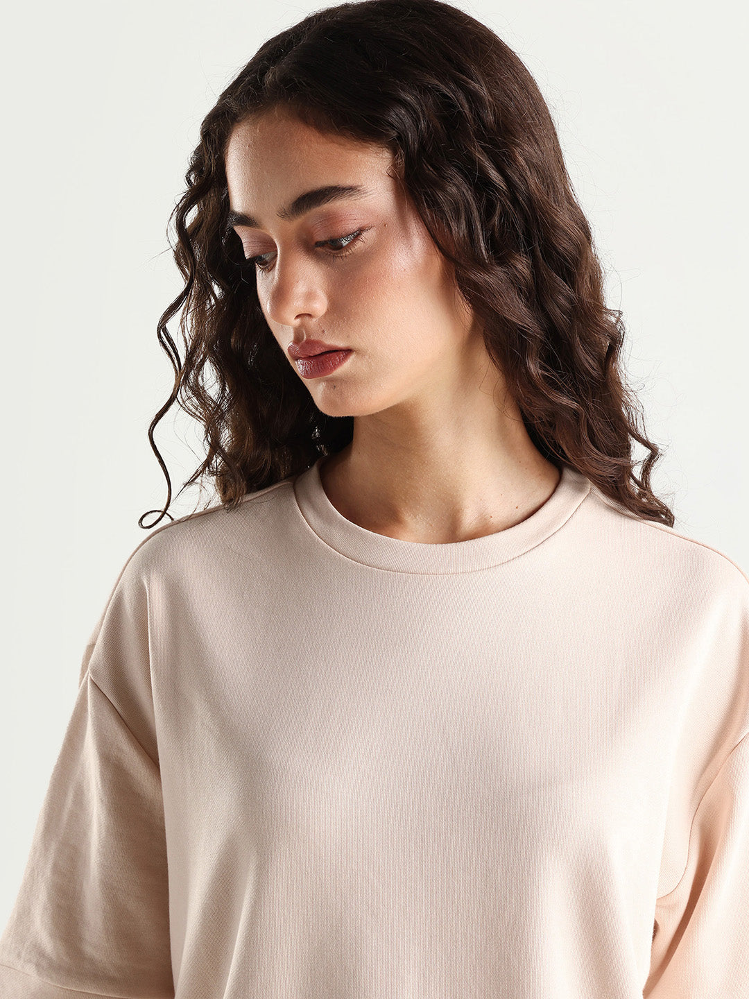 Rareism Women's Medium Weight Terry 290 Gsm Cotton Crew Neck Plain Relaxed Fit Sweat Tee