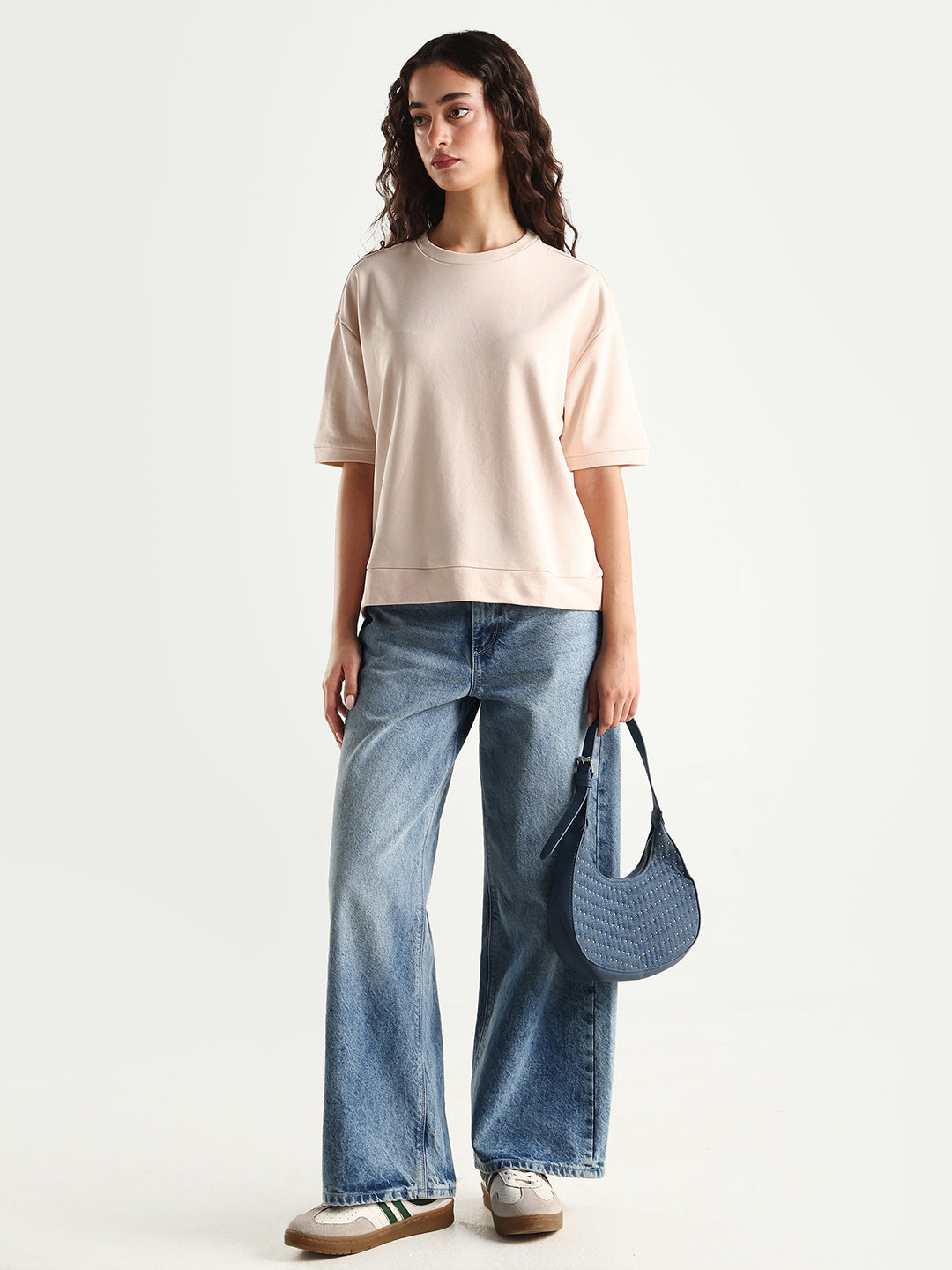 Rareism Women's Medium Weight Terry 290 Gsm Cotton Crew Neck Plain Relaxed Fit Sweat Tee