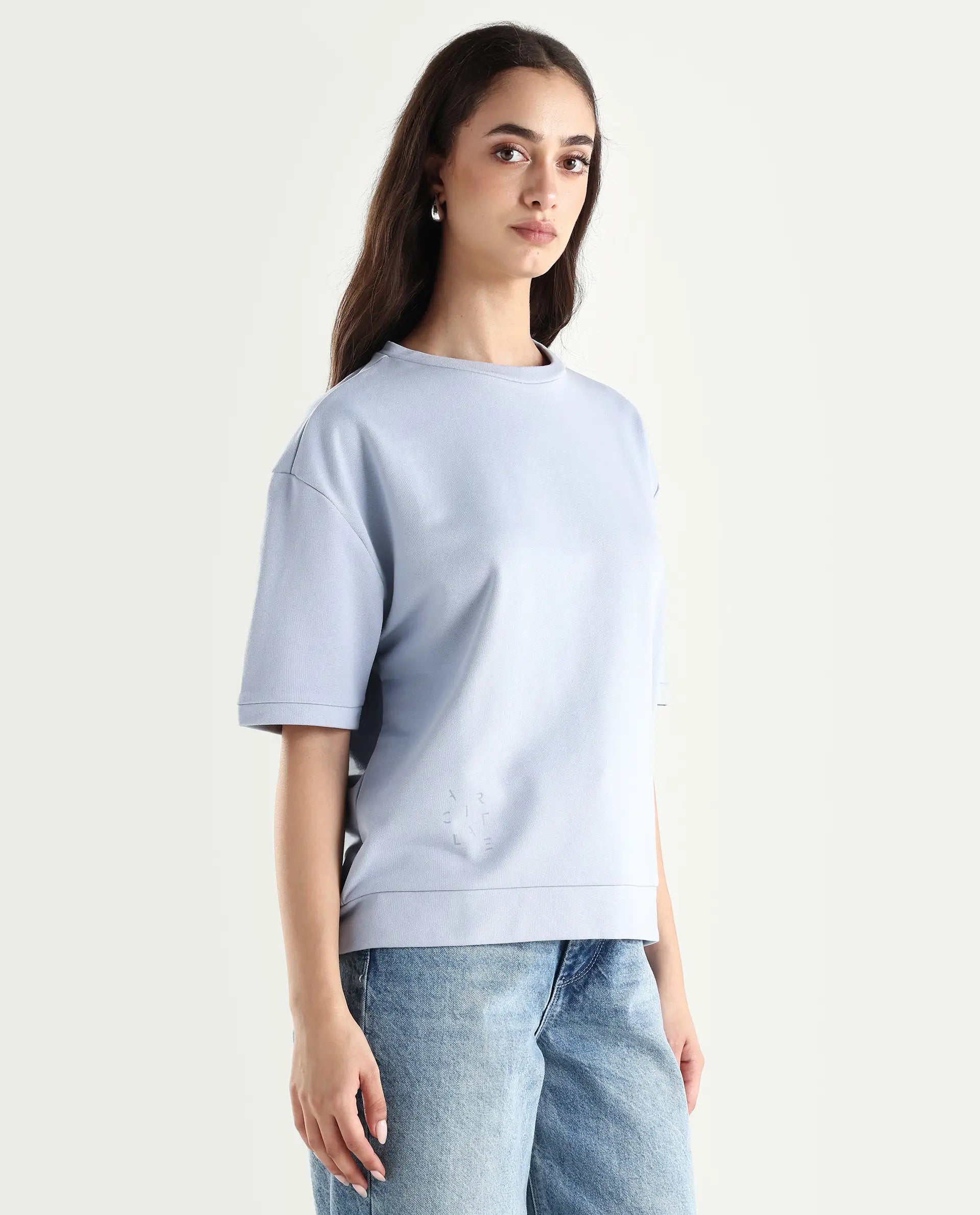 Rareism Women's Medium Weight Terry 290 Gsm Cotton Crew Neck Plain Relaxed Fit Sweat Tee