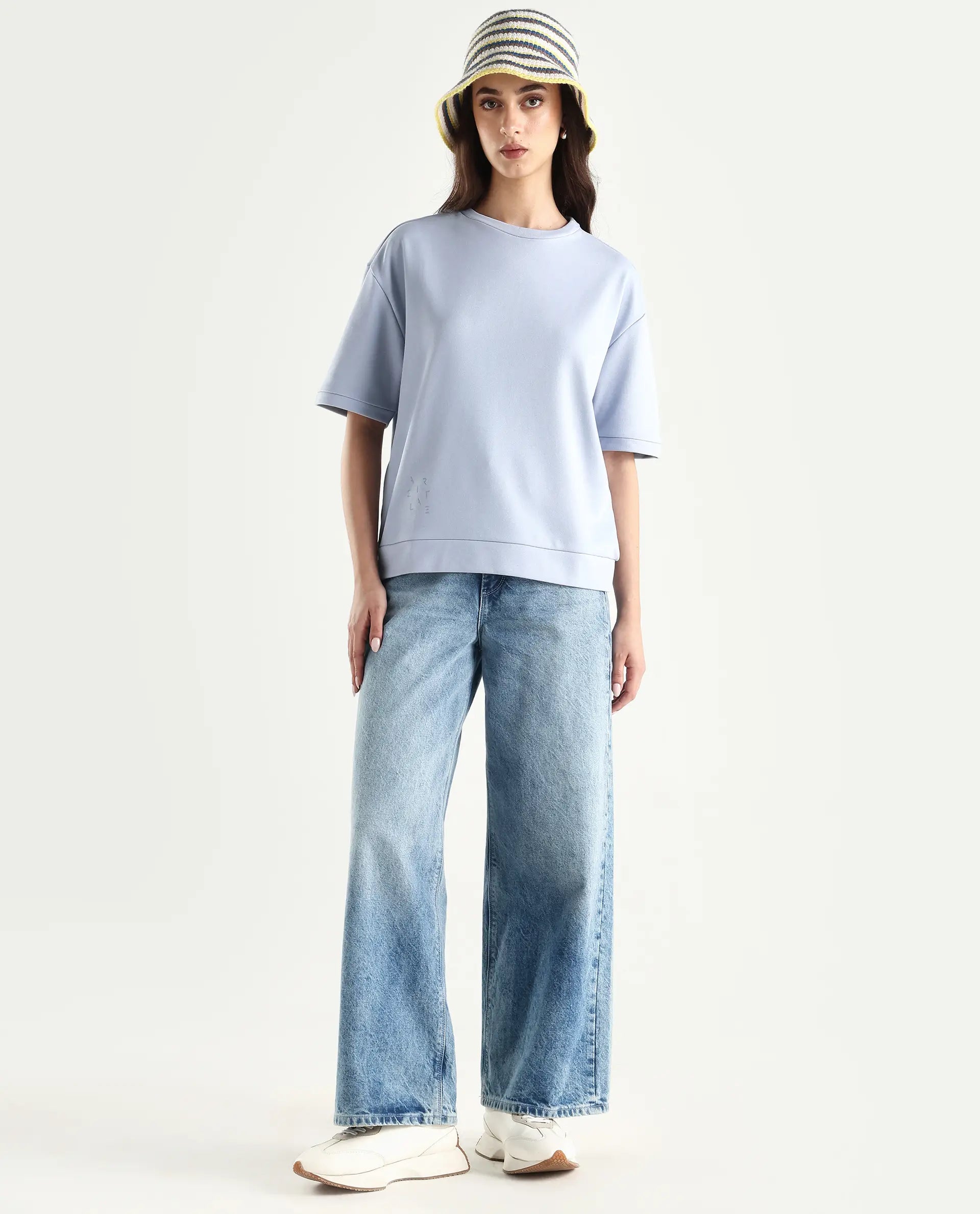 Rareism Women's Medium Weight Terry 290 Gsm Cotton Crew Neck Plain Relaxed Fit Sweat Tee