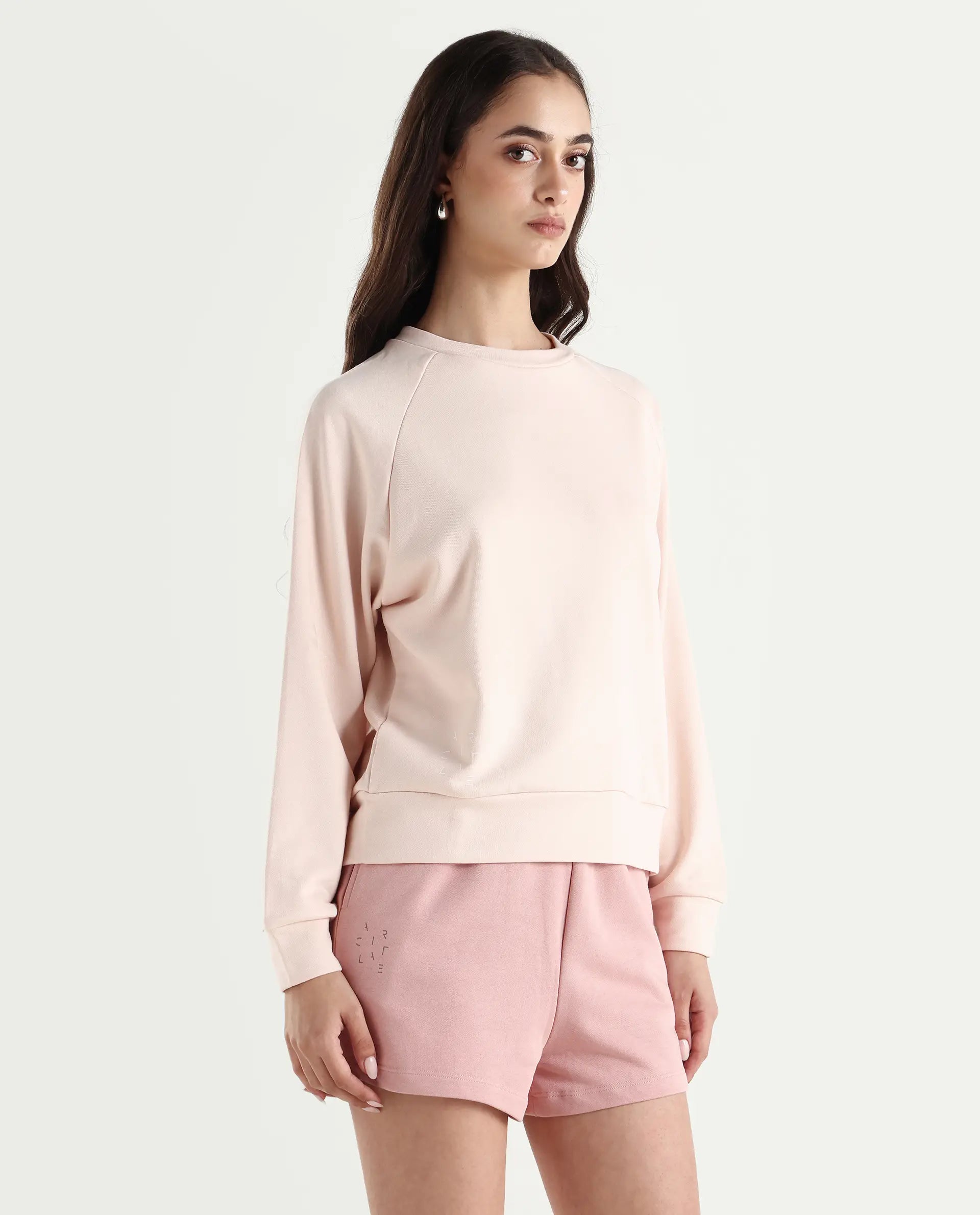 Rareism Women's Medium Weight Terry 290 Gsm Cotton Blend Crew Neck Plain Cuffed Sleeve Relaxed Fit Sweatshirt