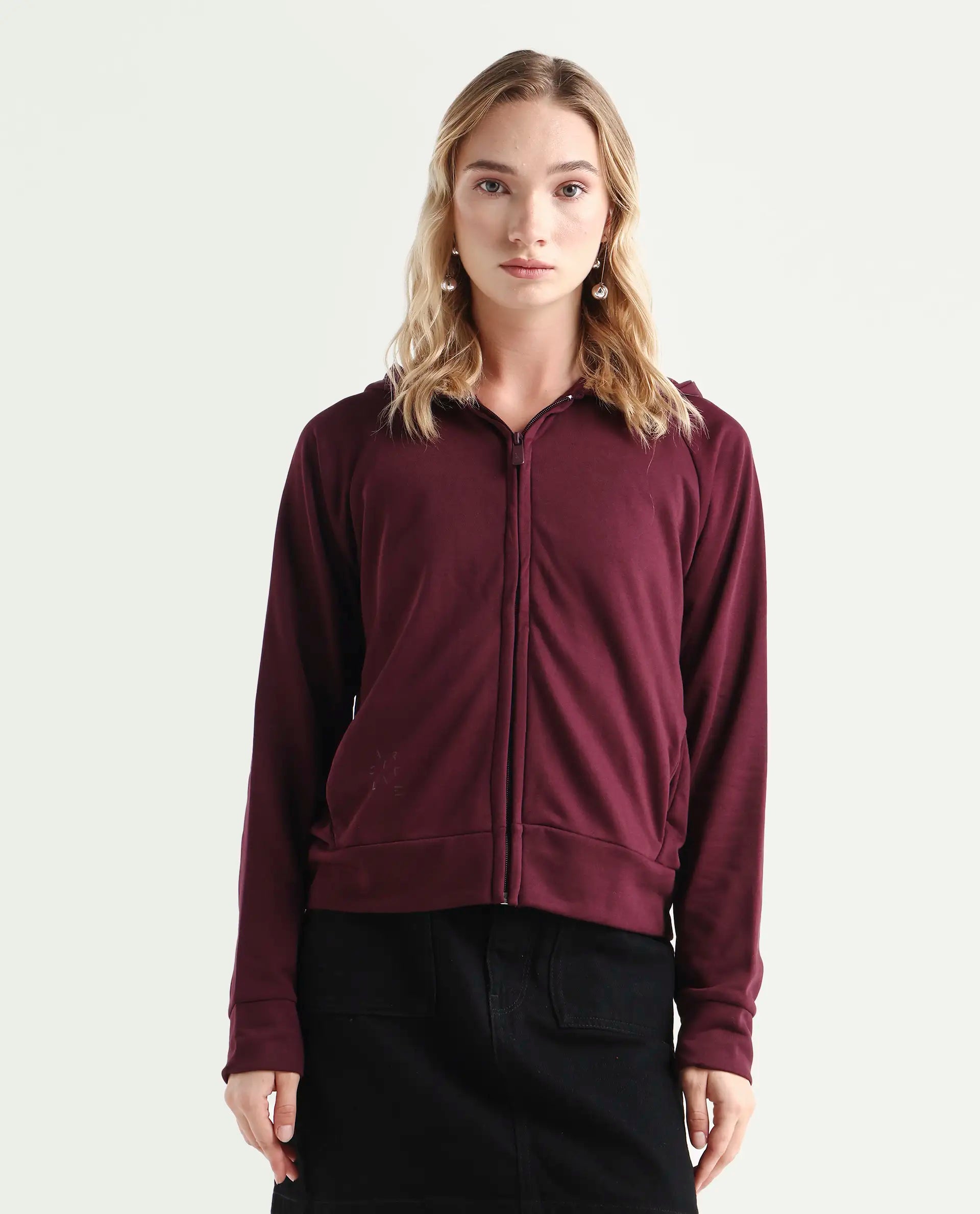 Rareism Women's Medium Weight Terry 290 Gsm Cotton Blend Hooded Plain Regular Fit Jacket