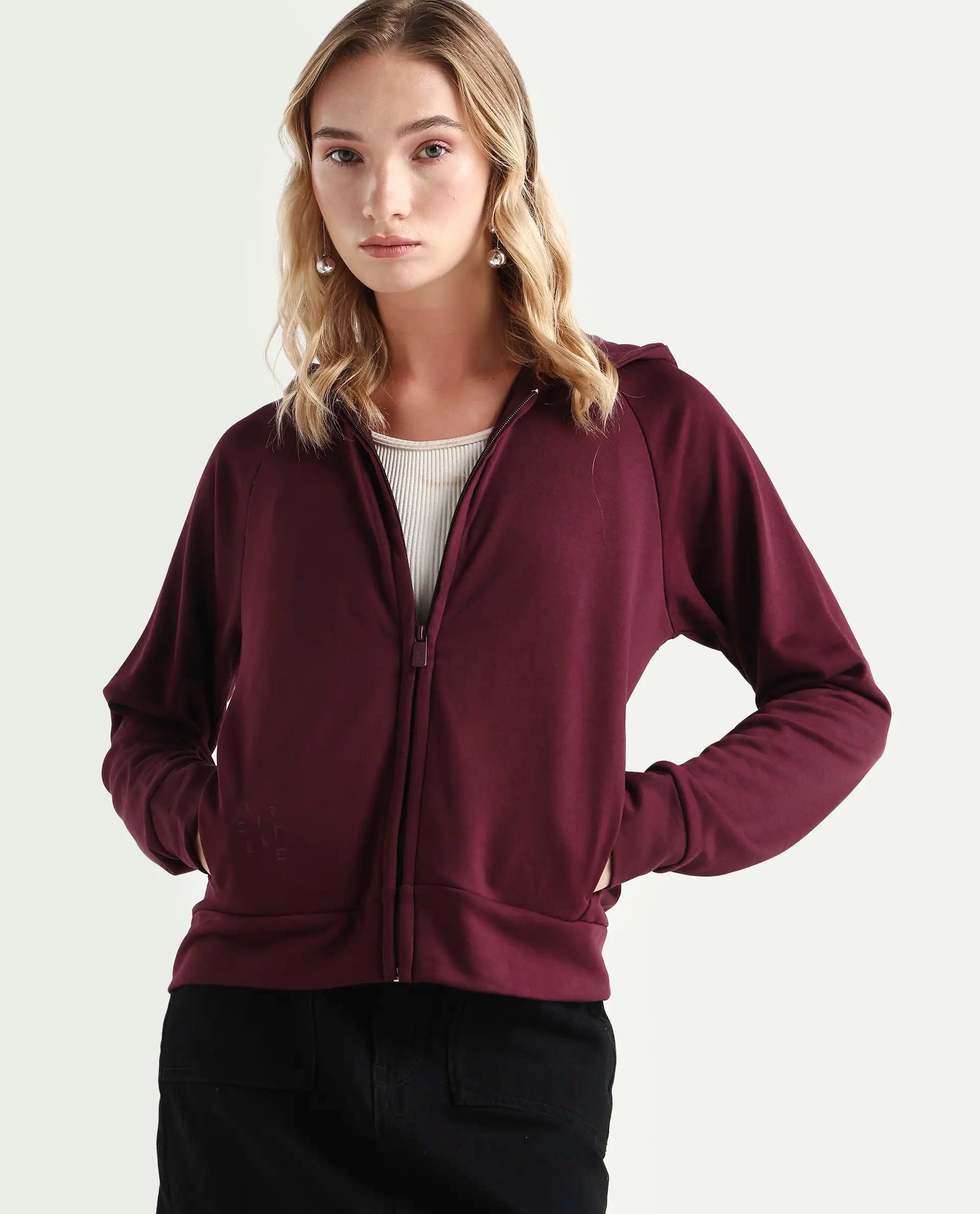 Rareism Women's Medium Weight Terry 290 Gsm Cotton Blend Hooded Plain Regular Fit Jacket