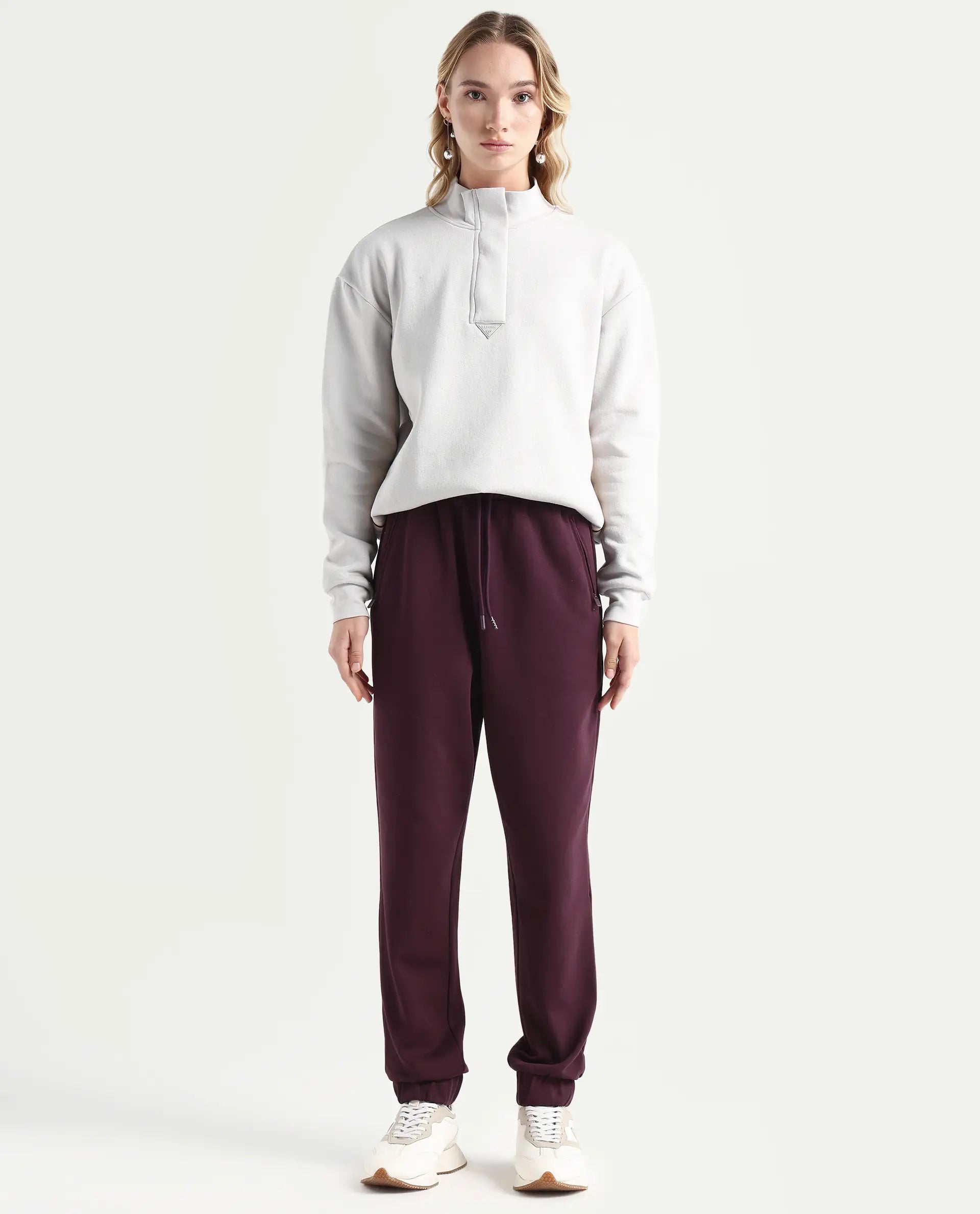 Rareism Women's Heavy Weight Interlock 340 Gsm Cotton Blend Plain Ankle Length Relaxed Fit Track Pant