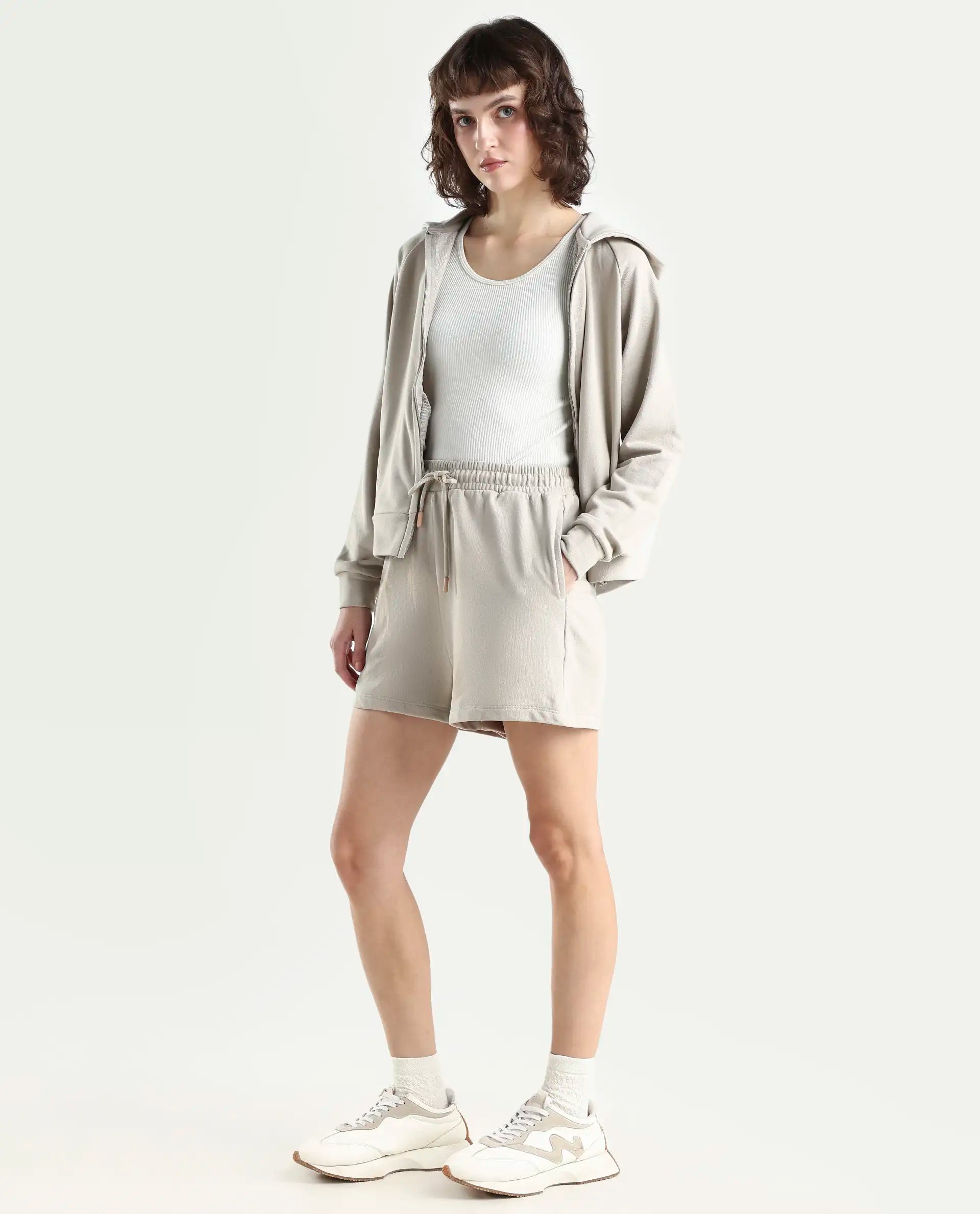 Rareism Women's Medium Weight Terry 290 Gsm Cotton Blend Plain Mini Relaxed Fit Shorts