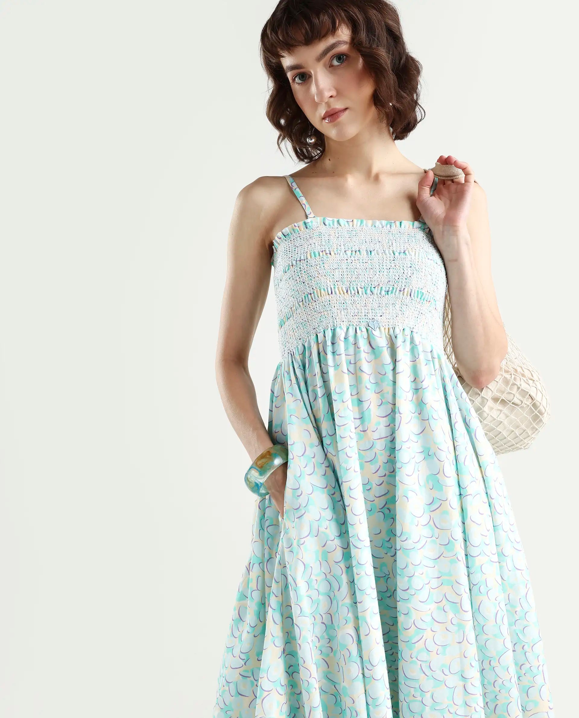 Rareism Women Toki Purple Dress Cotton Satin Fabric Sleeveless Printed