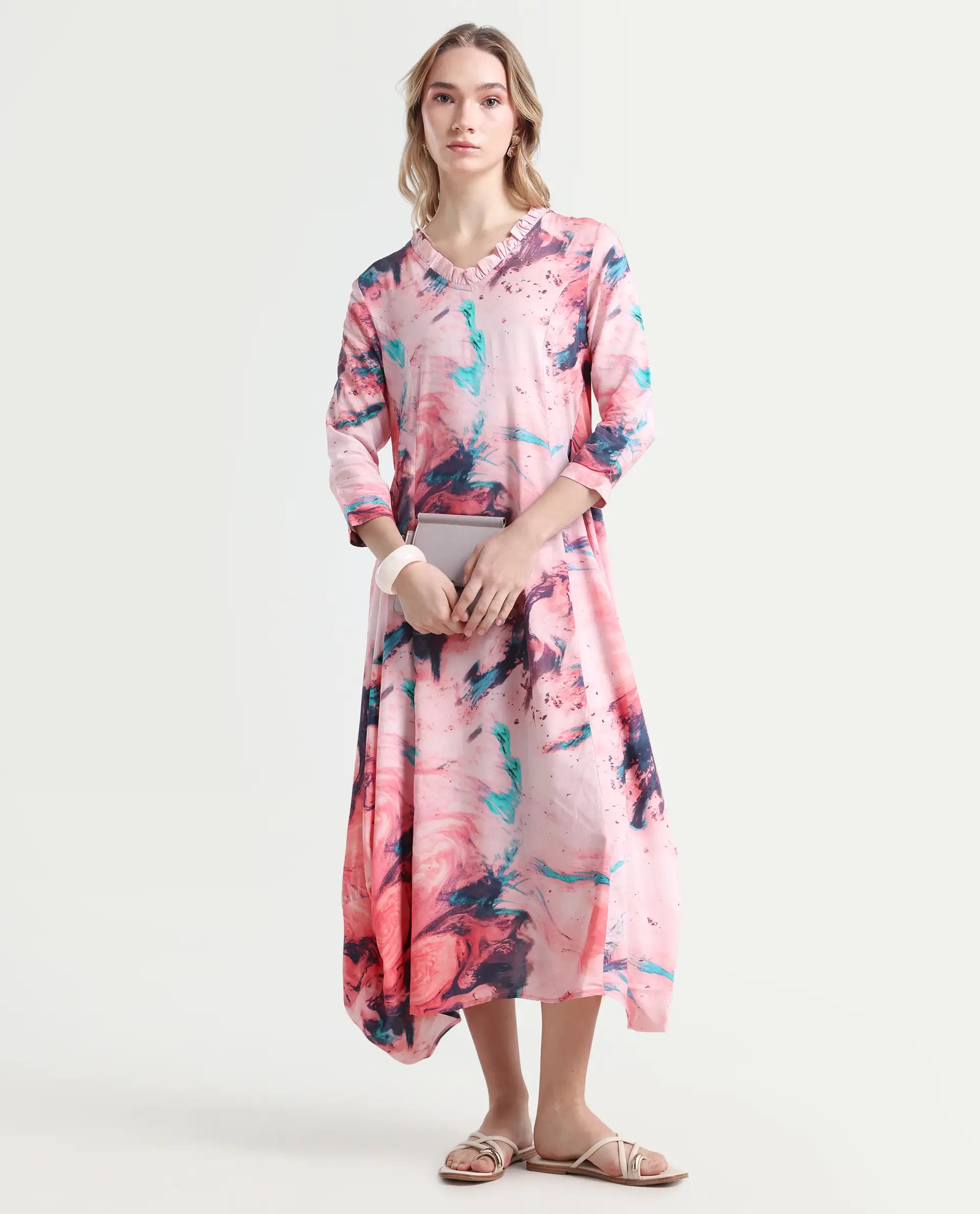 Rareism Women's Park Multi Viscose V-Neck Abstract Print Knee Length Regular Fit Dress