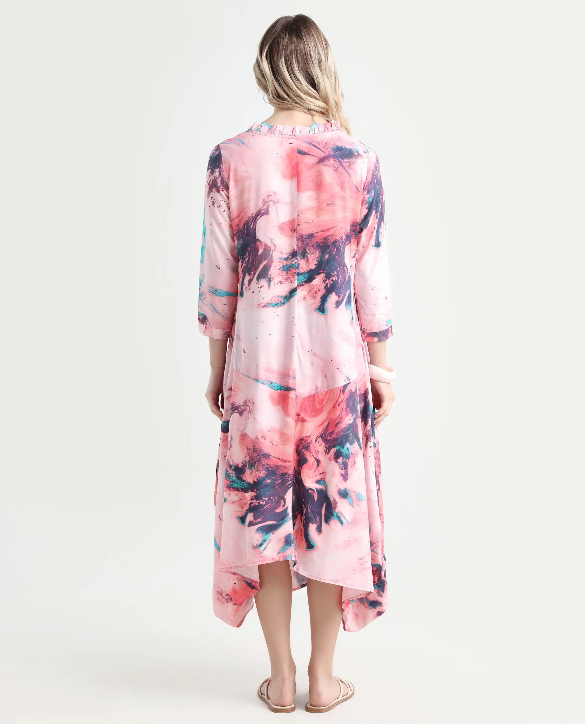 Rareism Women's Park Multi Viscose V-Neck Abstract Print Knee Length Regular Fit Dress