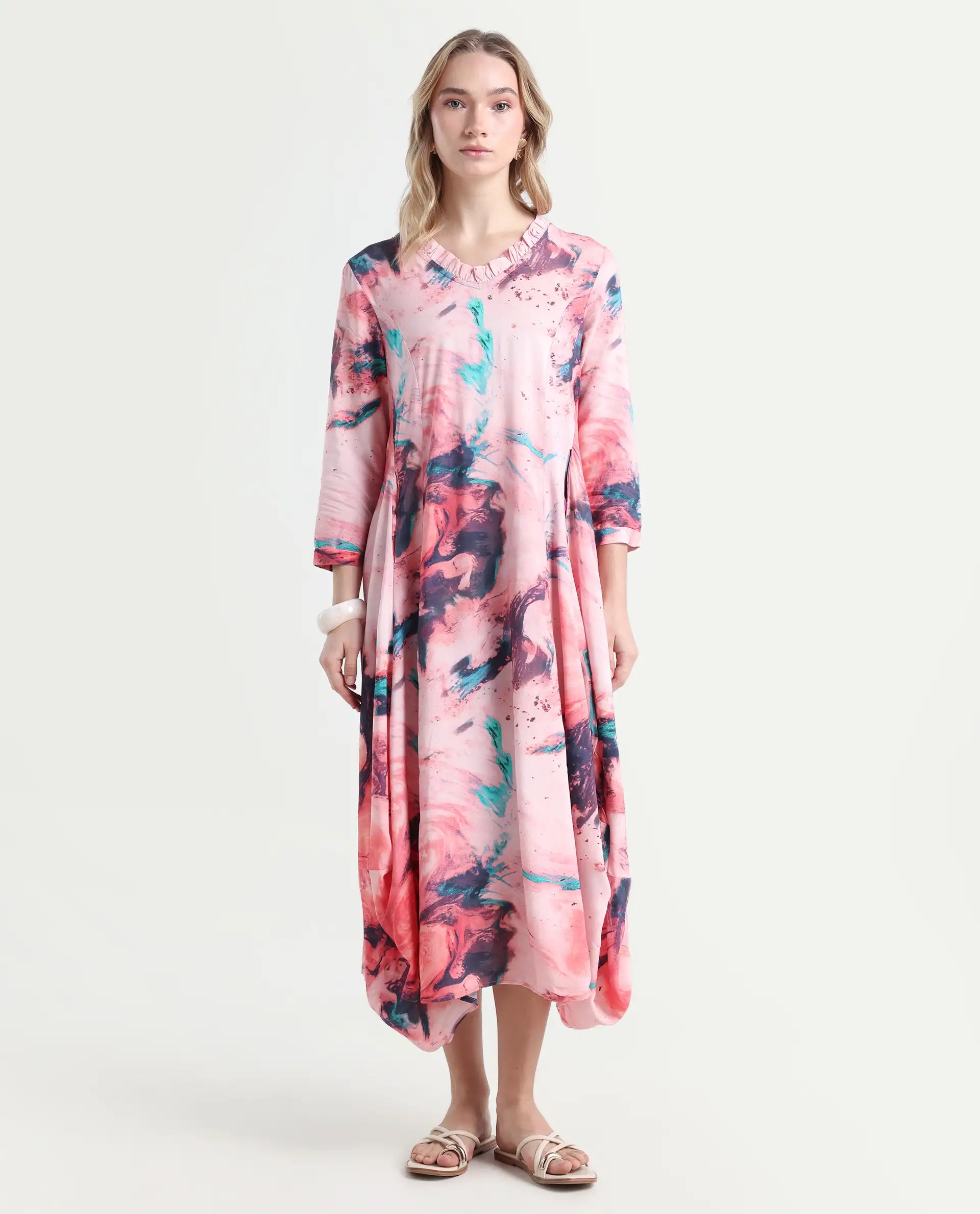 Rareism Women's Park Multi Viscose V-Neck Abstract Print Knee Length Regular Fit Dress