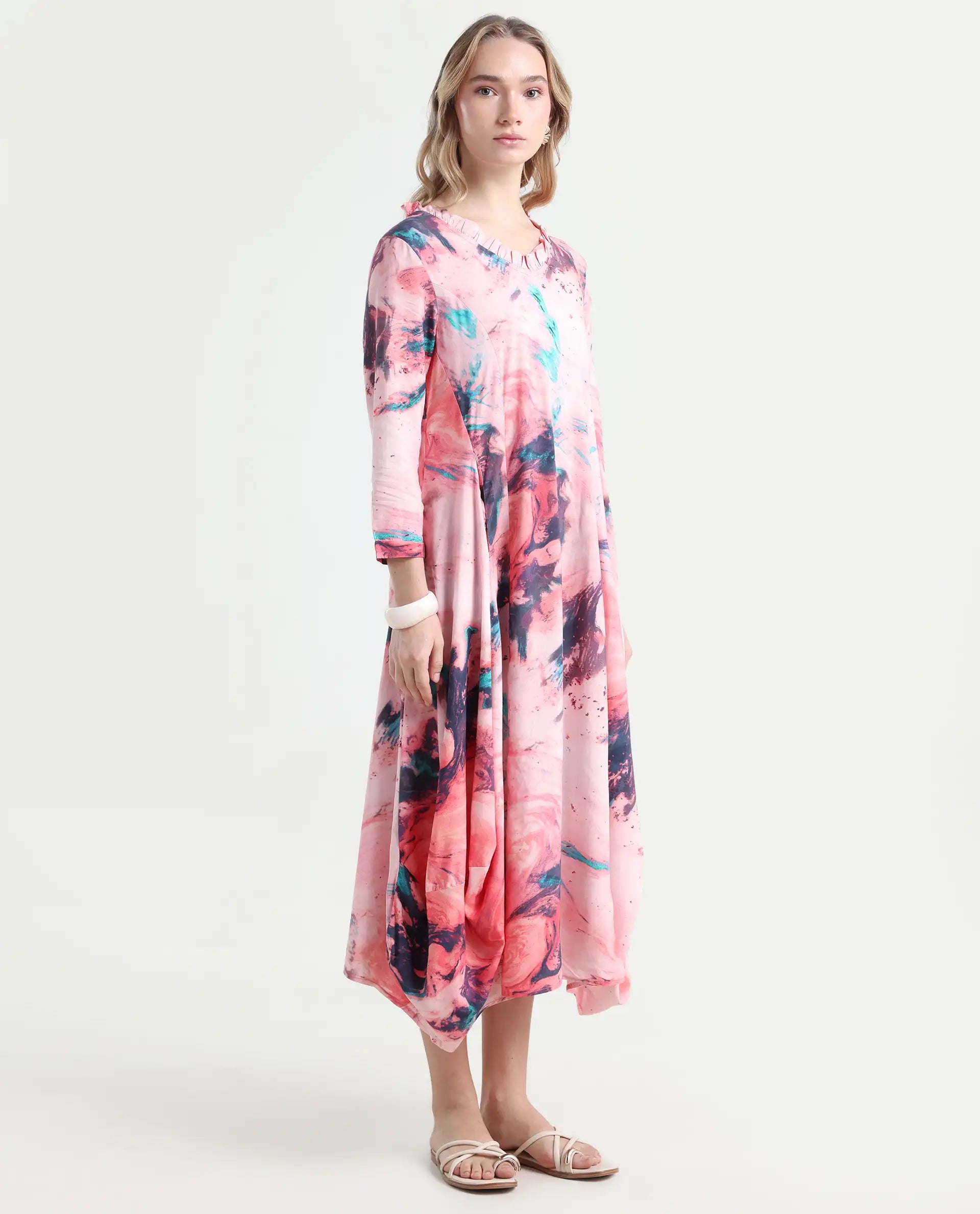 Rareism Women's Park Multi Viscose V-Neck Abstract Print Knee Length Regular Fit Dress