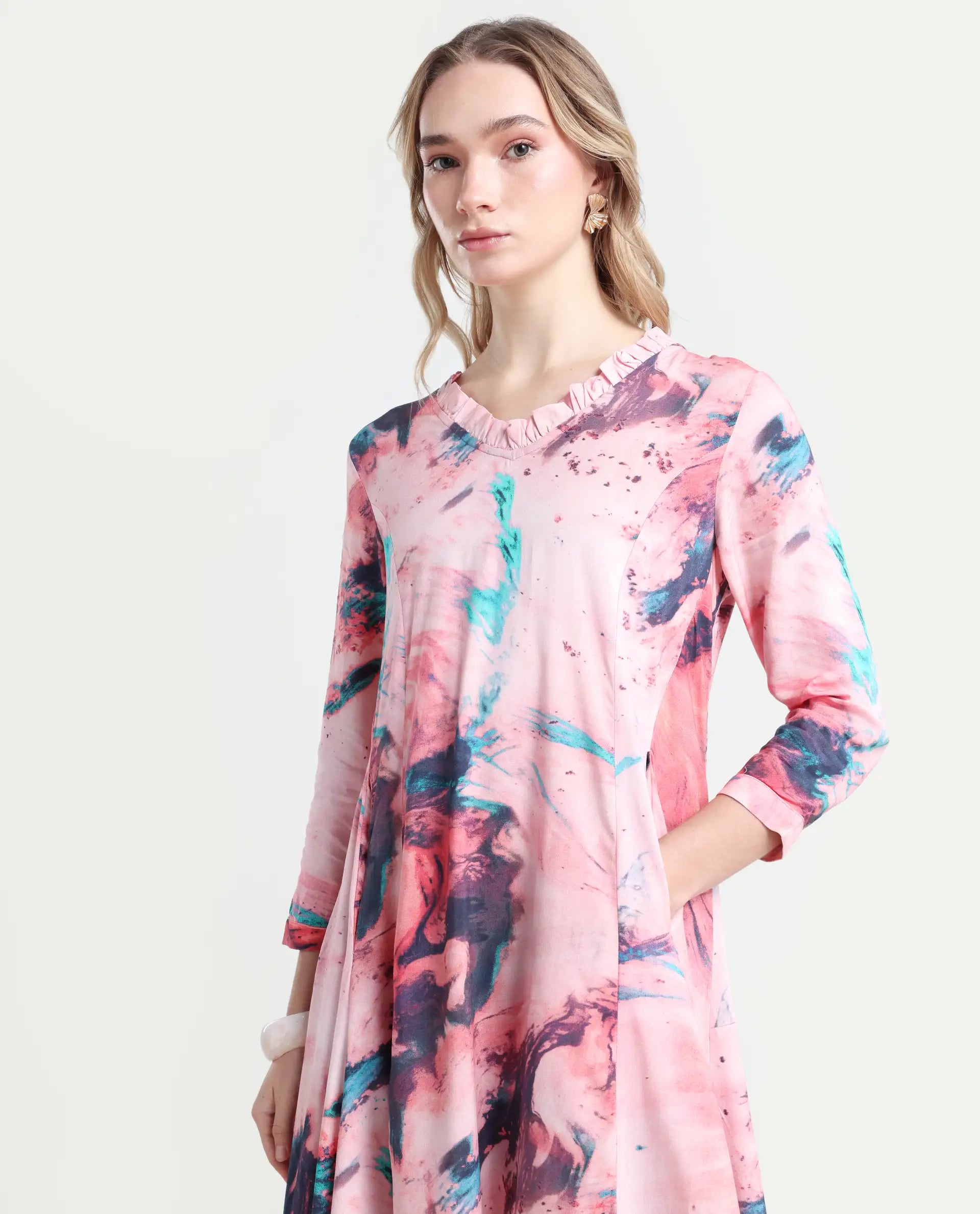 Rareism Women's Park Multi Viscose V-Neck Abstract Print Knee Length Regular Fit Dress