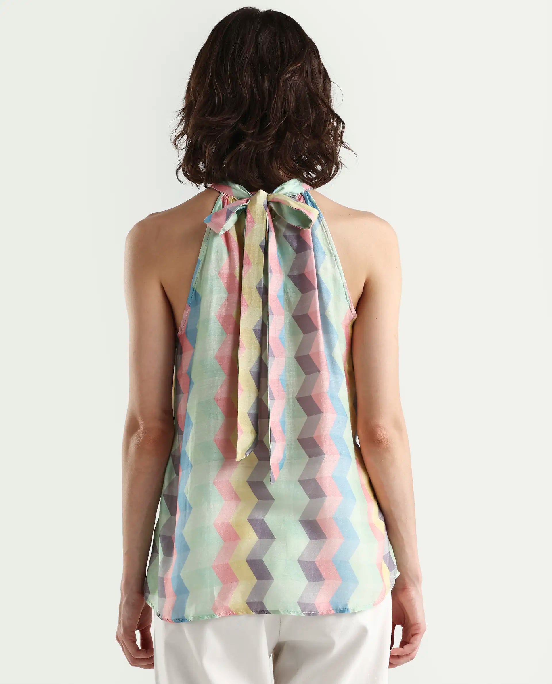 Rareism Women's Hamper Multi Halter Neck Geometric Print Sleeveless Knee Length Tailored Top