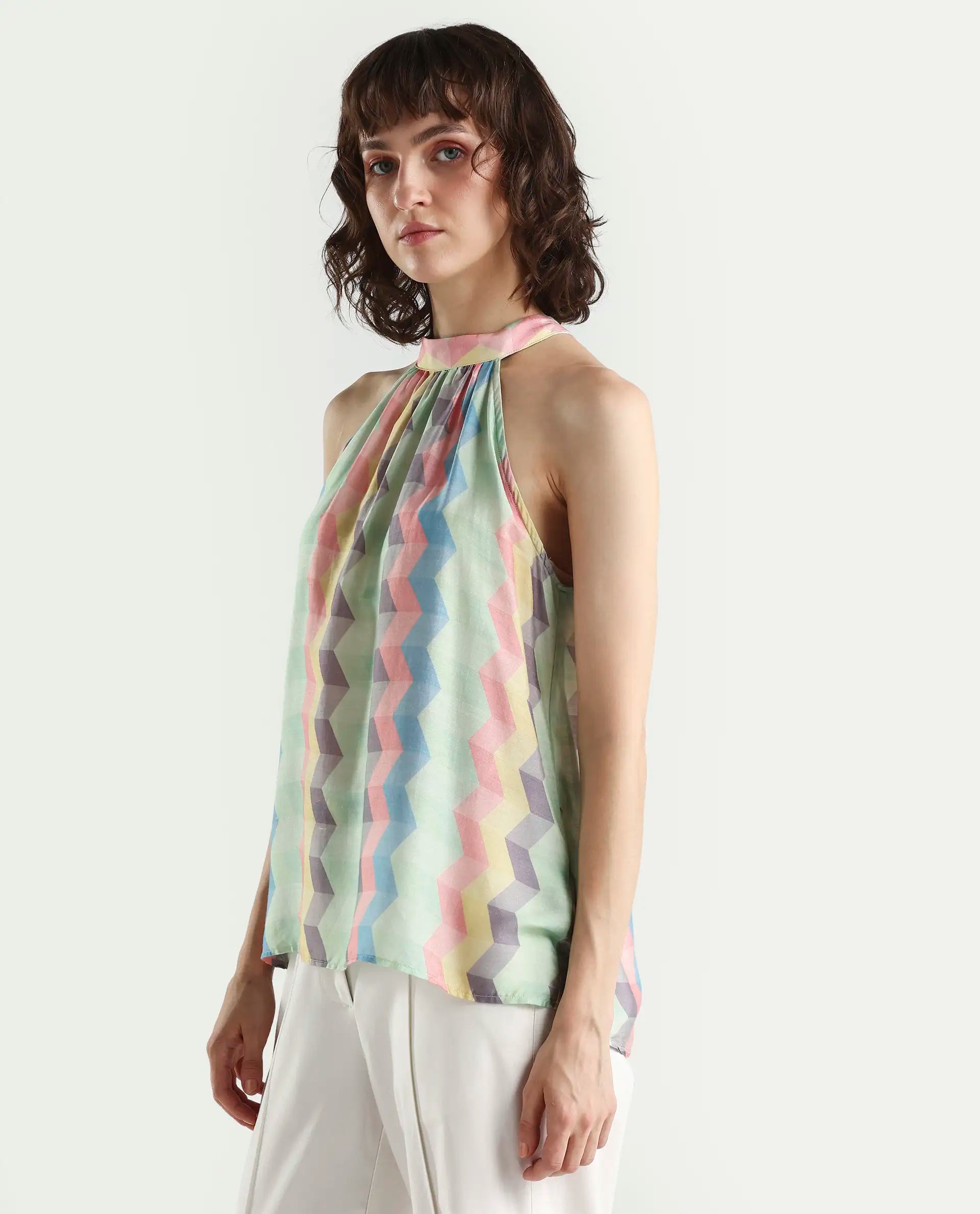 Rareism Women's Hamper Multi Halter Neck Geometric Print Sleeveless Knee Length Tailored Top