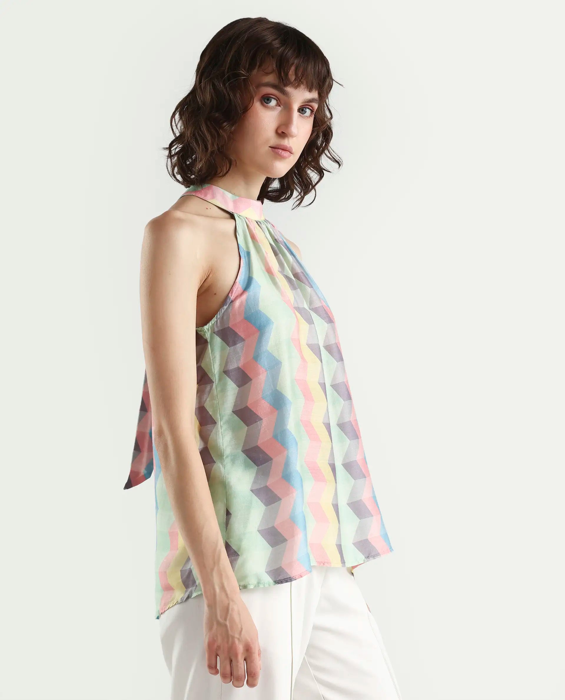Rareism Women's Hamper Multi Halter Neck Geometric Print Sleeveless Knee Length Tailored Top