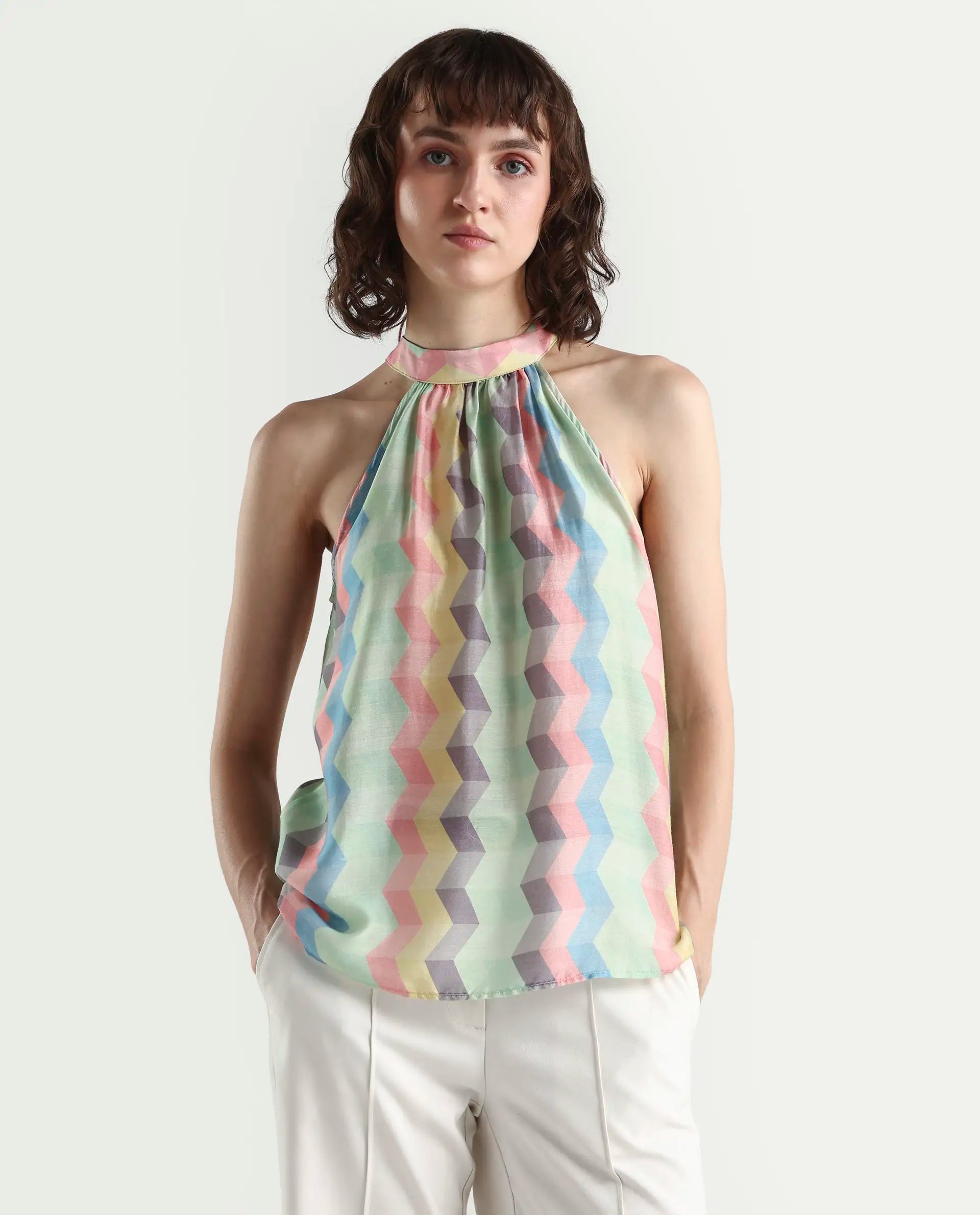 Rareism Women's Hamper Multi Halter Neck Geometric Print Sleeveless Knee Length Tailored Top