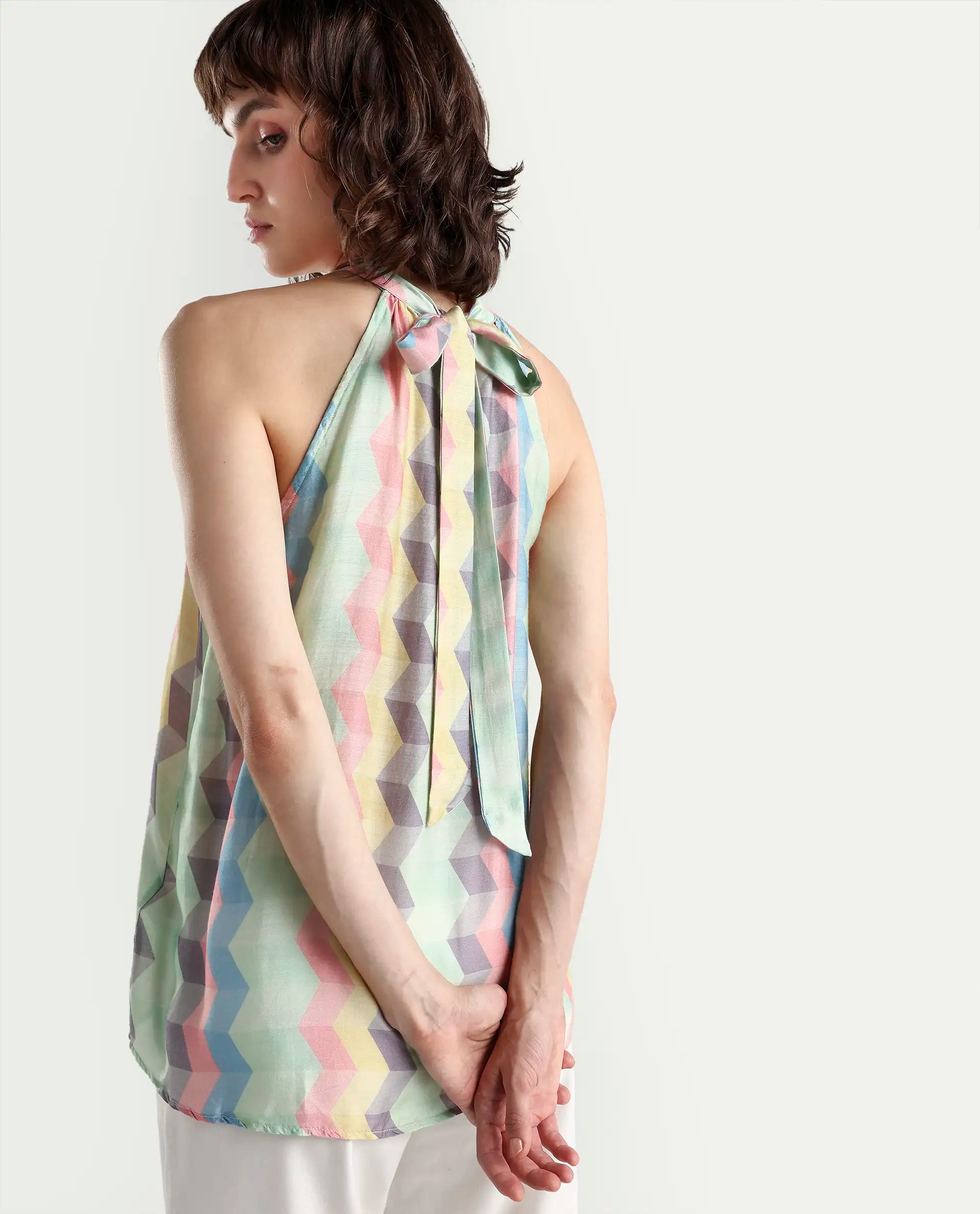 Rareism Women's Hamper Multi Halter Neck Geometric Print Sleeveless Knee Length Tailored Top