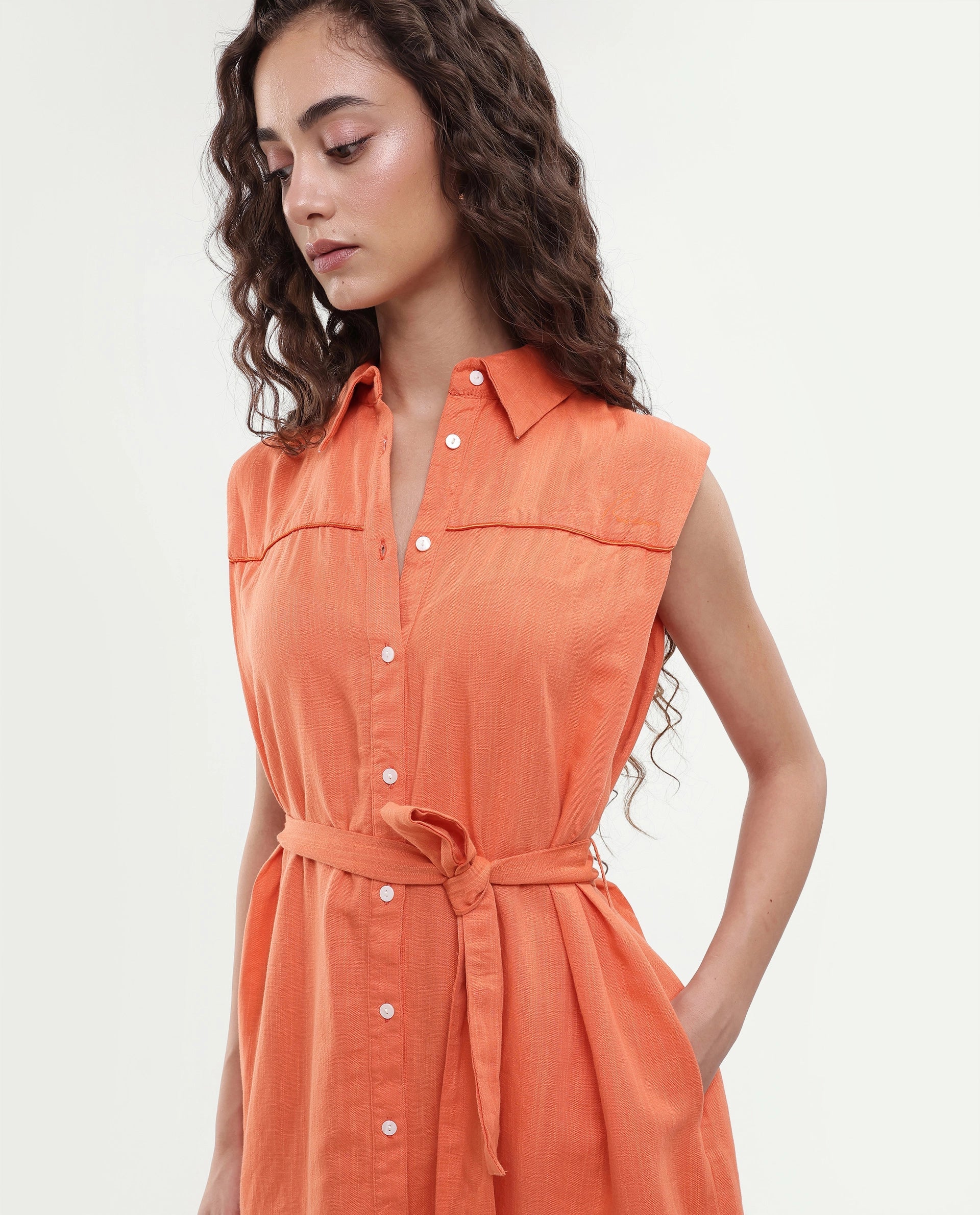 Rareism Women's Zolaa Orange Linen Spread Collar Plain Sleeveless Mini Regular Fit Dress