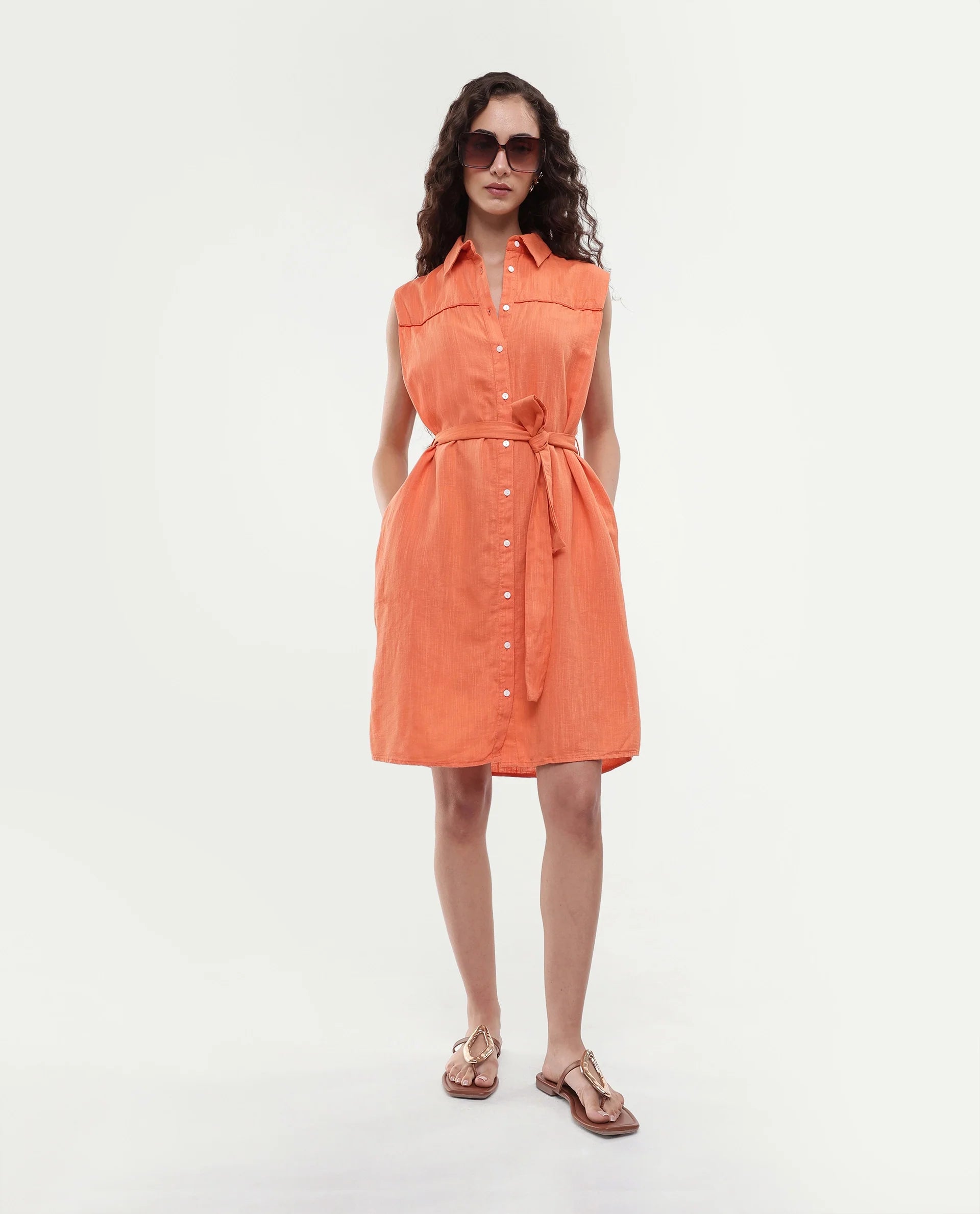Rareism Women's Zolaa Orange Linen Spread Collar Plain Sleeveless Mini Regular Fit Dress
