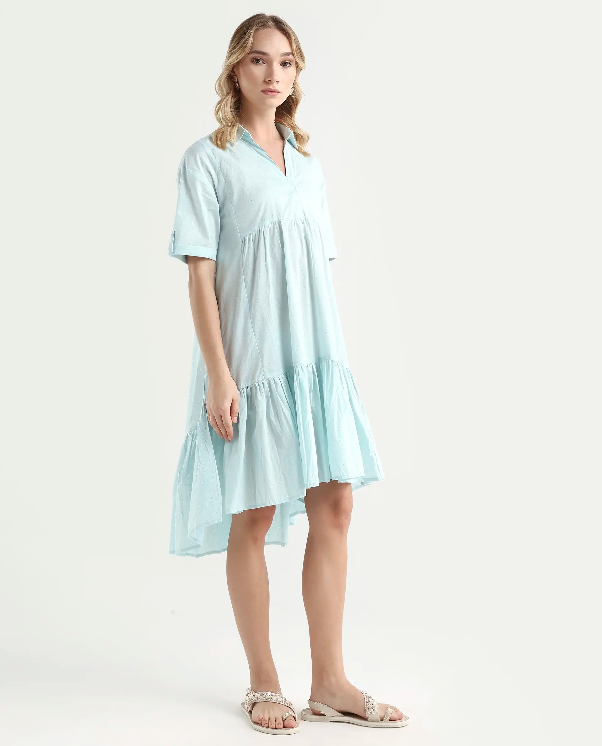 Rareism Women's Loaf Turq Cotton Spread Collar Plain Knee Length Flared Dress