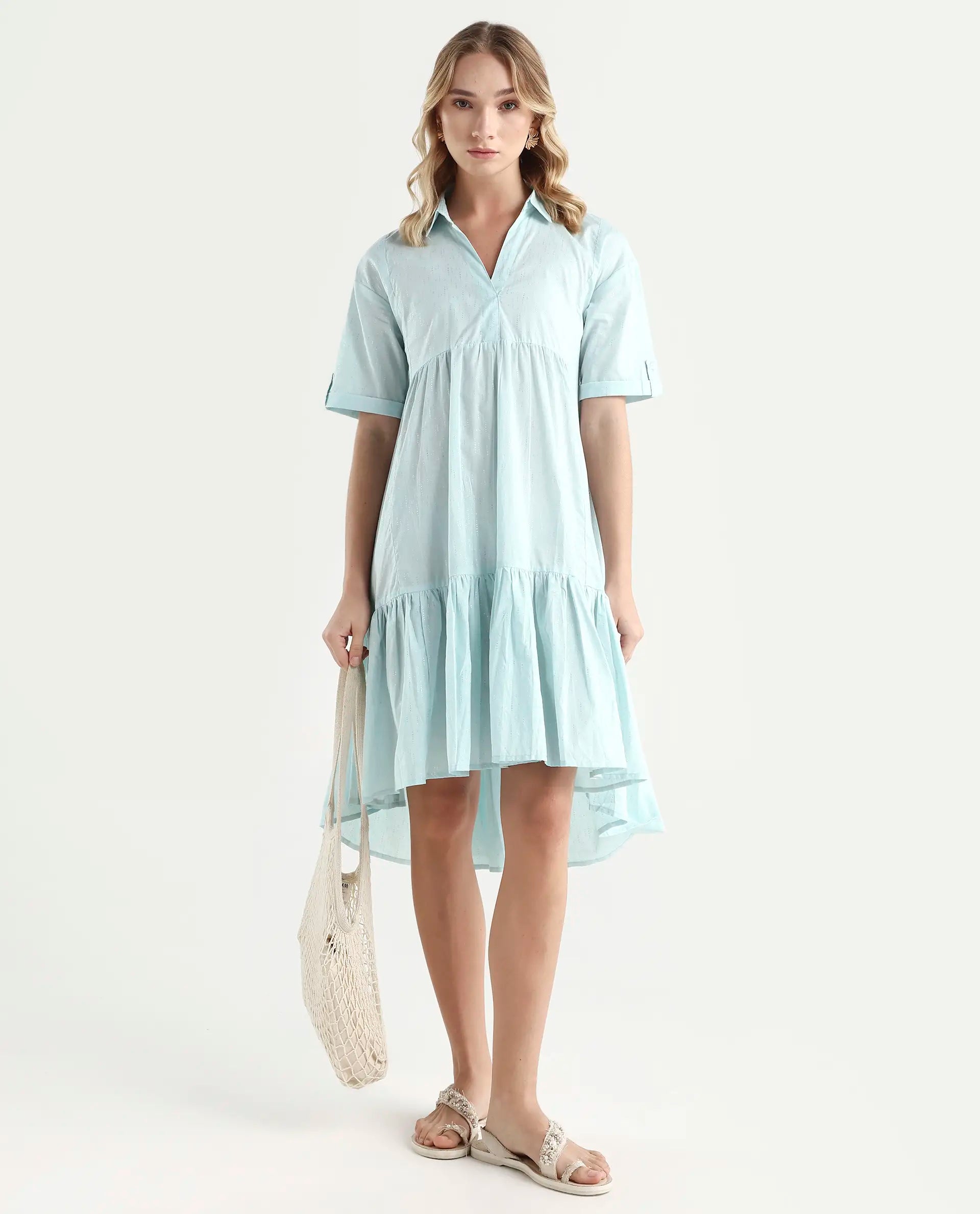 Rareism Women's Loaf Turq Cotton Spread Collar Plain Knee Length Flared Dress