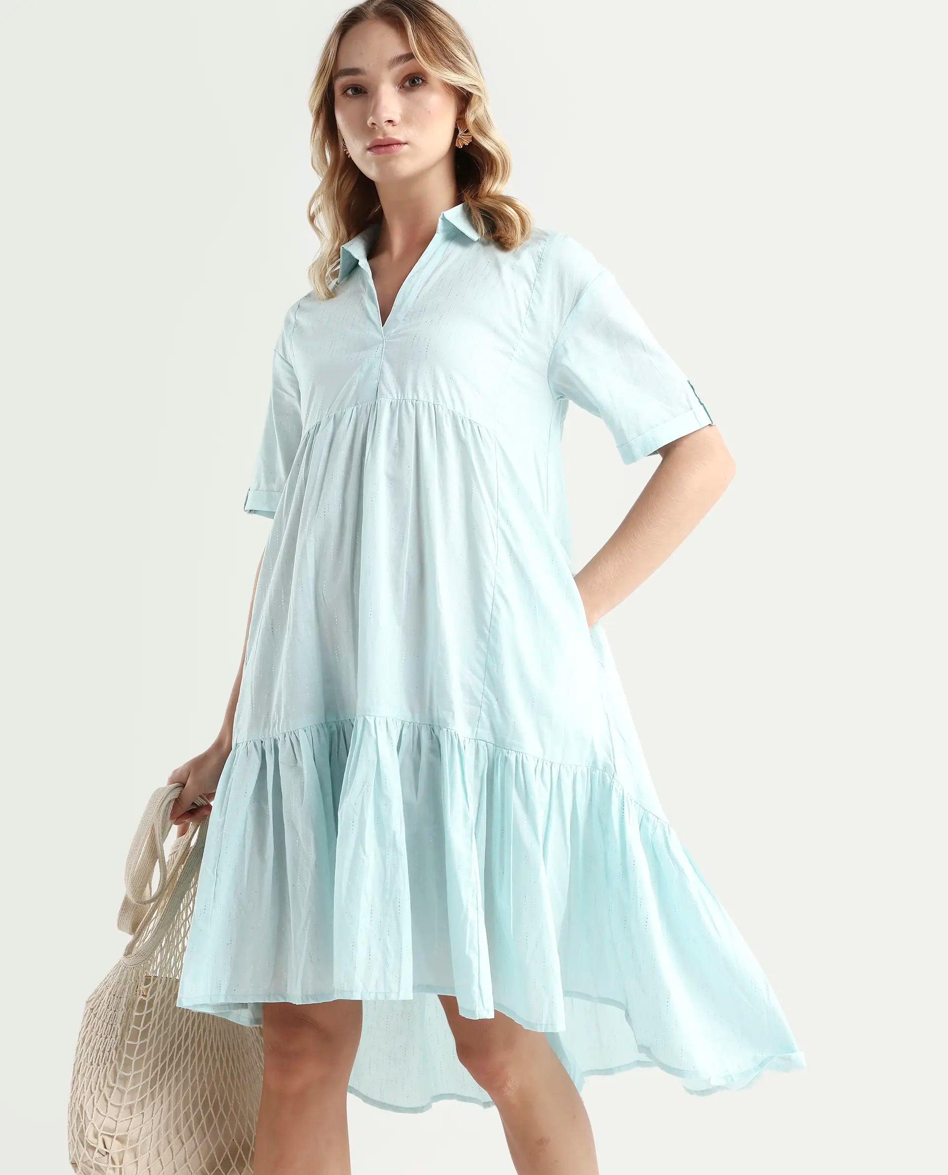 Rareism Women's Loaf Turq Cotton Spread Collar Plain Knee Length Flared Dress