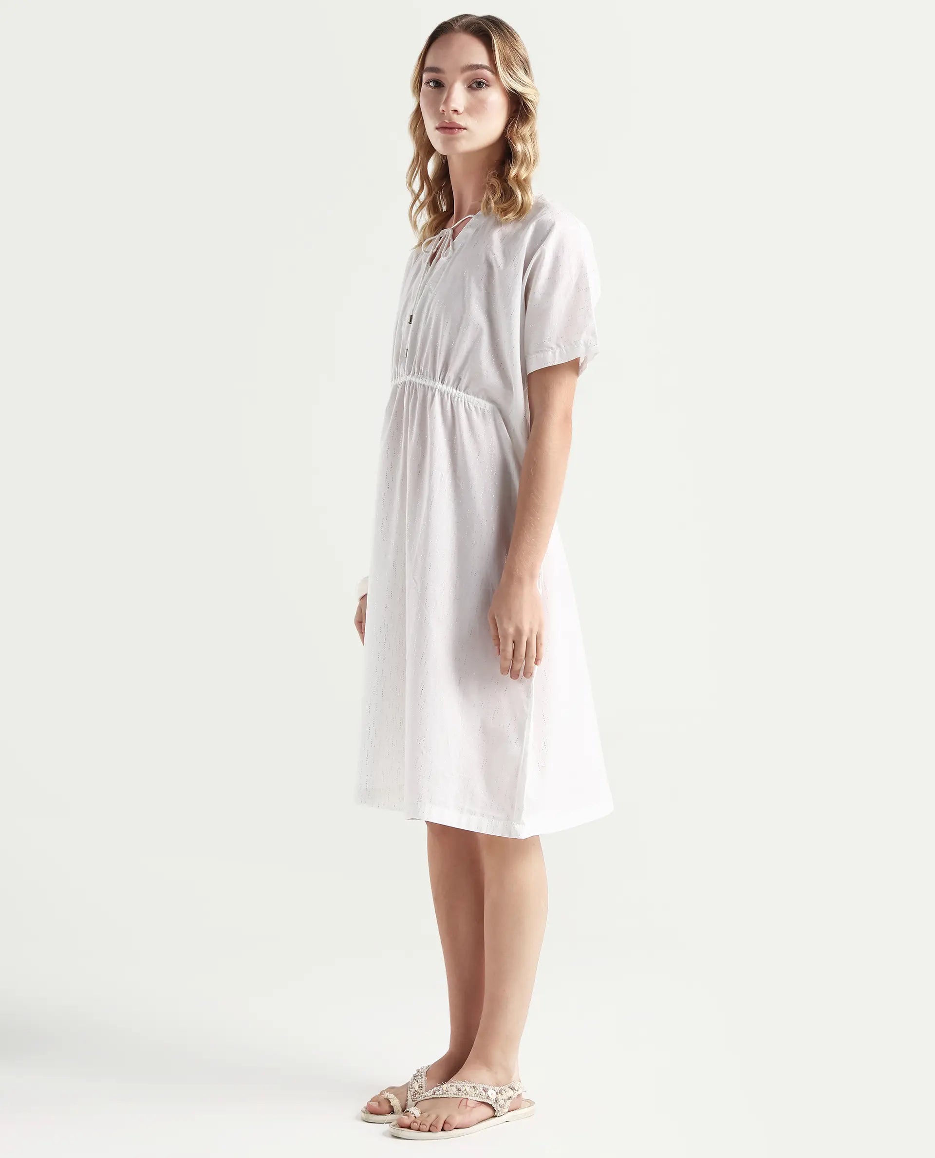 Rareism Women's Shawn White Cotton Tie-Up Neck Plain Extended Sleeves Knee Length Relaxed Fit Dress