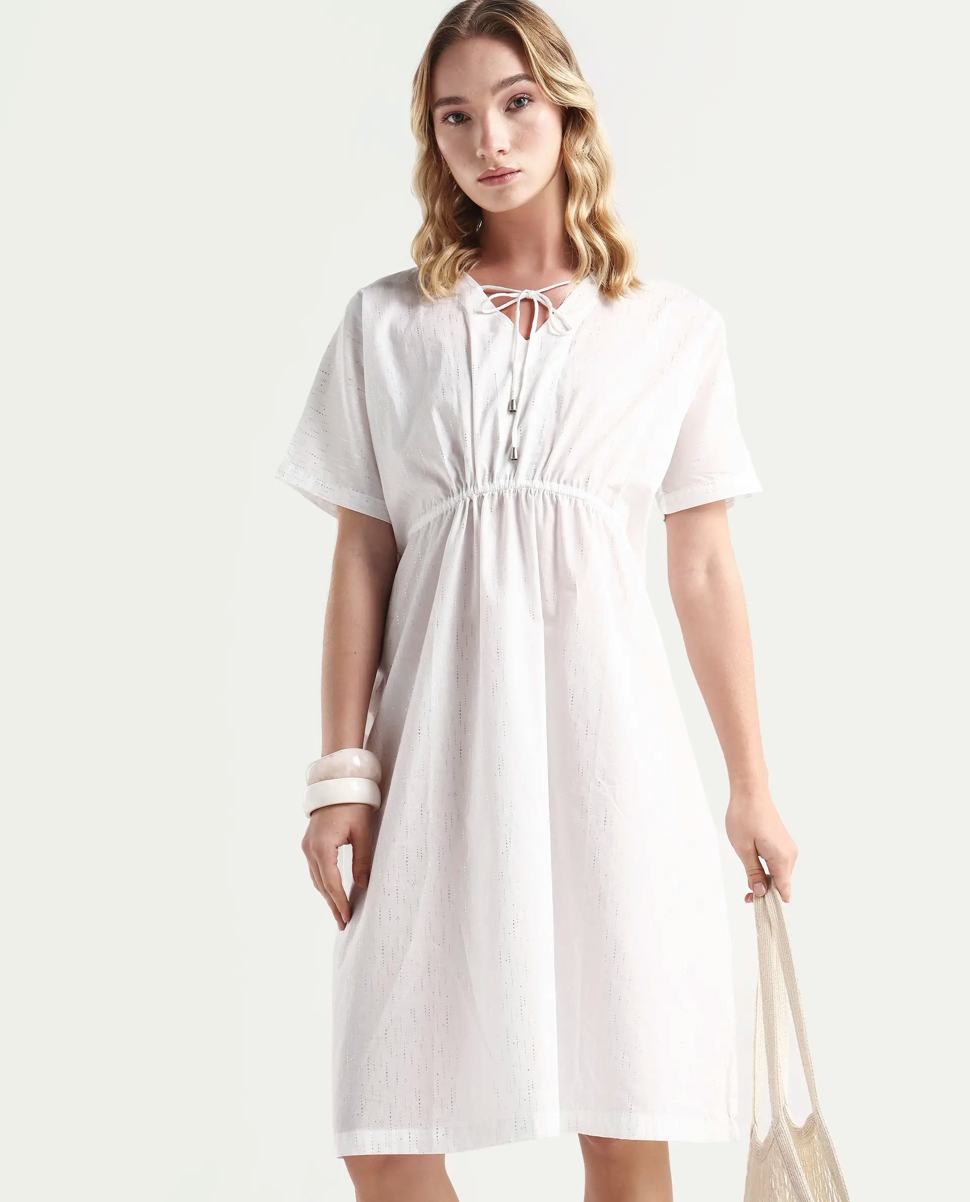 Rareism Women's Shawn White Cotton Tie-Up Neck Plain Extended Sleeves Knee Length Relaxed Fit Dress