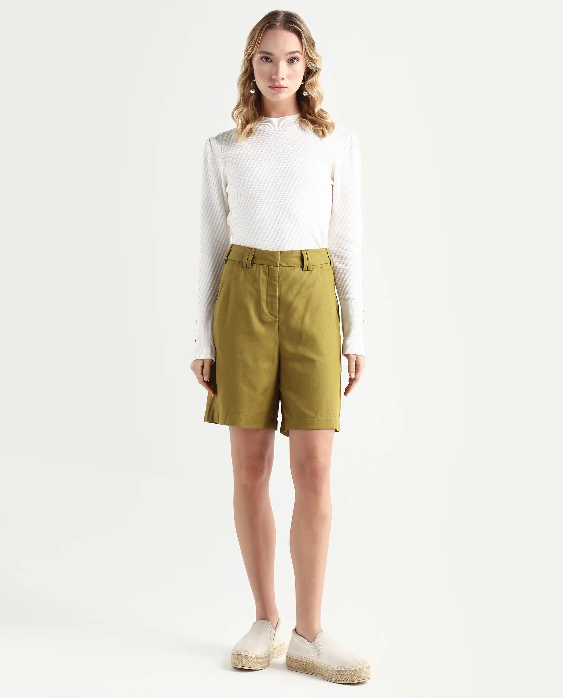 Rareism Women's Lamar Olive Cotton Plain Mini Relaxed Fit Shorts
