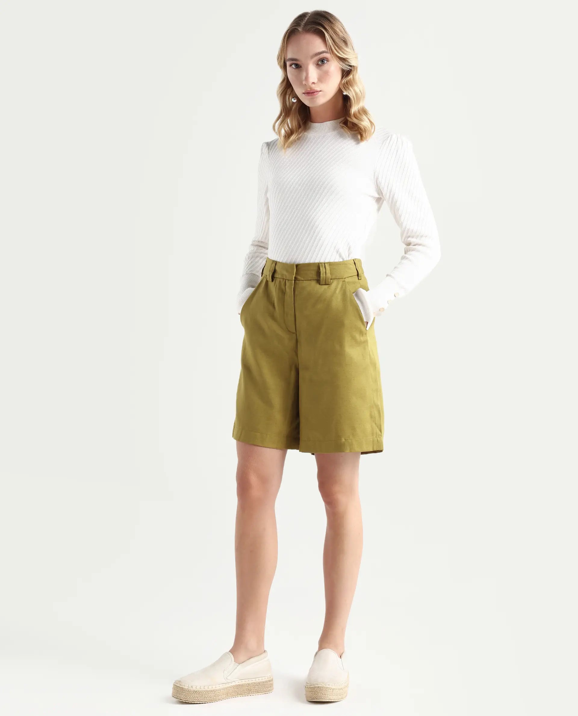 Rareism Women's Lamar Olive Cotton Plain Mini Relaxed Fit Shorts