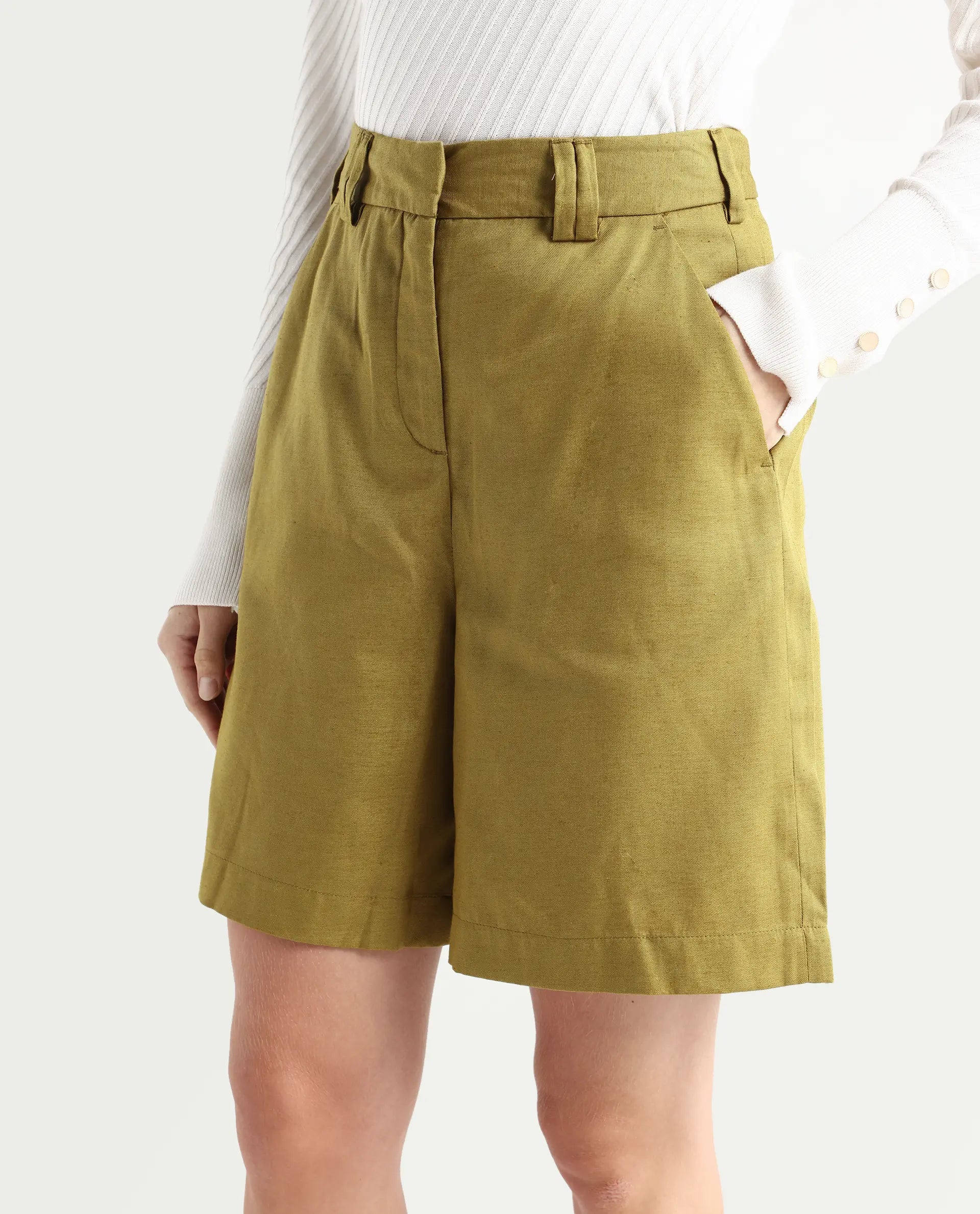 Rareism Women's Lamar Olive Cotton Plain Mini Relaxed Fit Shorts