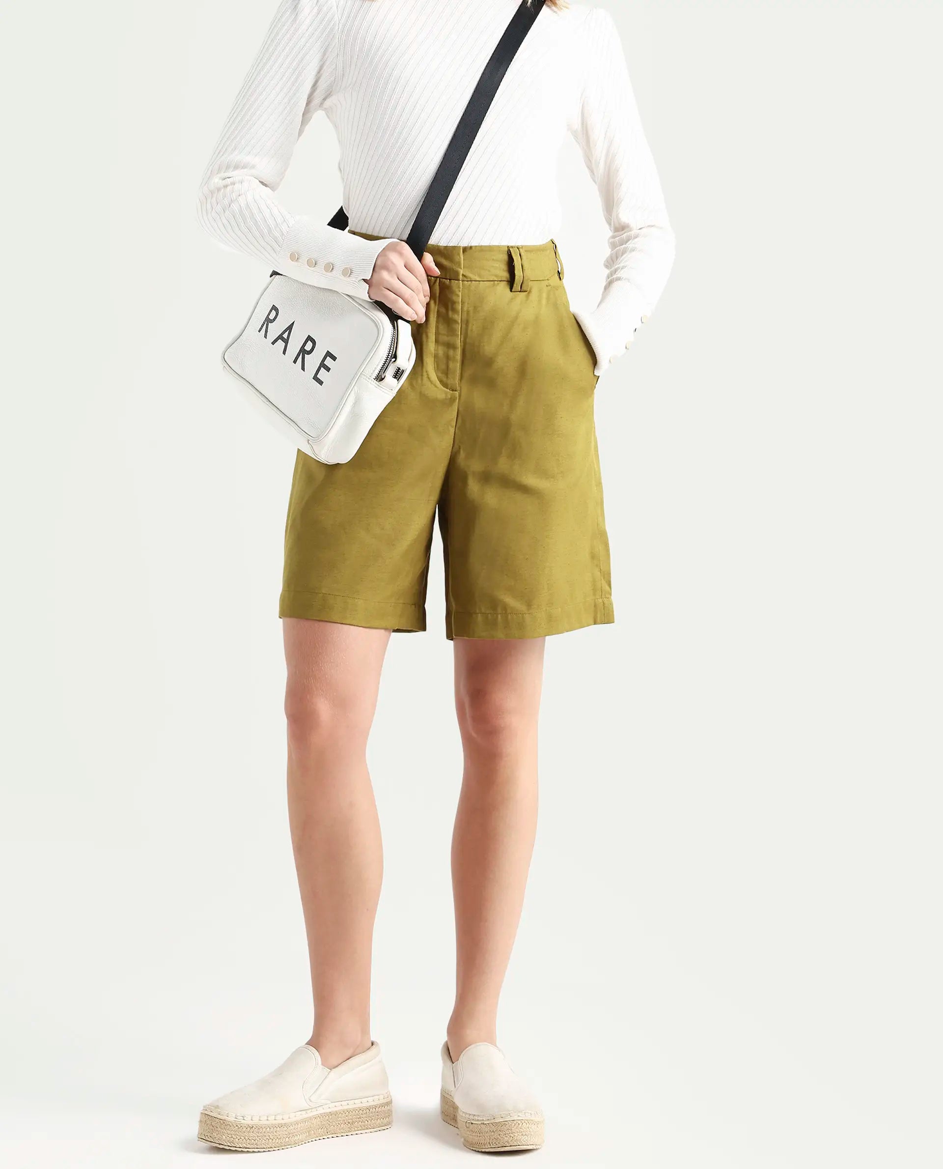 Rareism Women's Lamar Olive Cotton Plain Mini Relaxed Fit Shorts