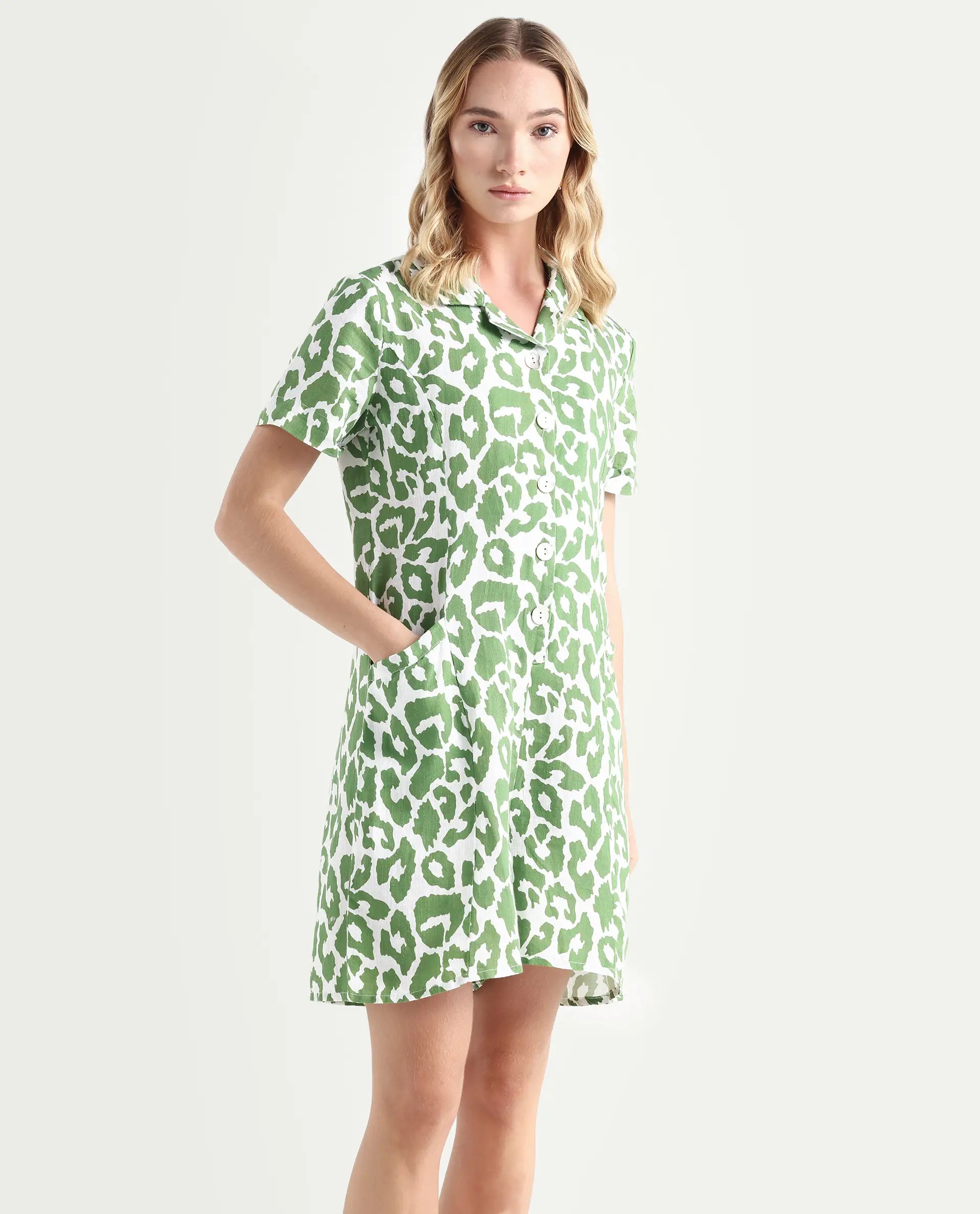 Rareism Women's Cleve White Linen Lapel Neck Abstract Print Relaxed Fit Playsuit