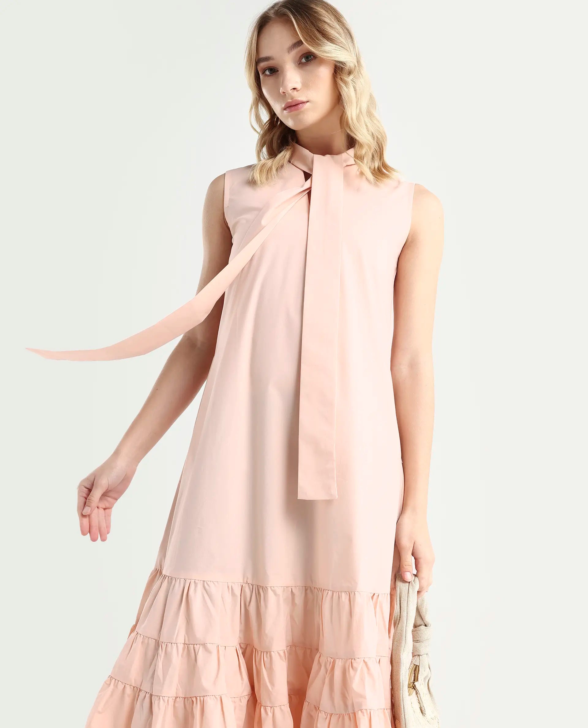 Rareism Women's Gino Peach Polyester Blend Tie-Up Neck Plain Sleeveless Knee Length Regular Fit Dress