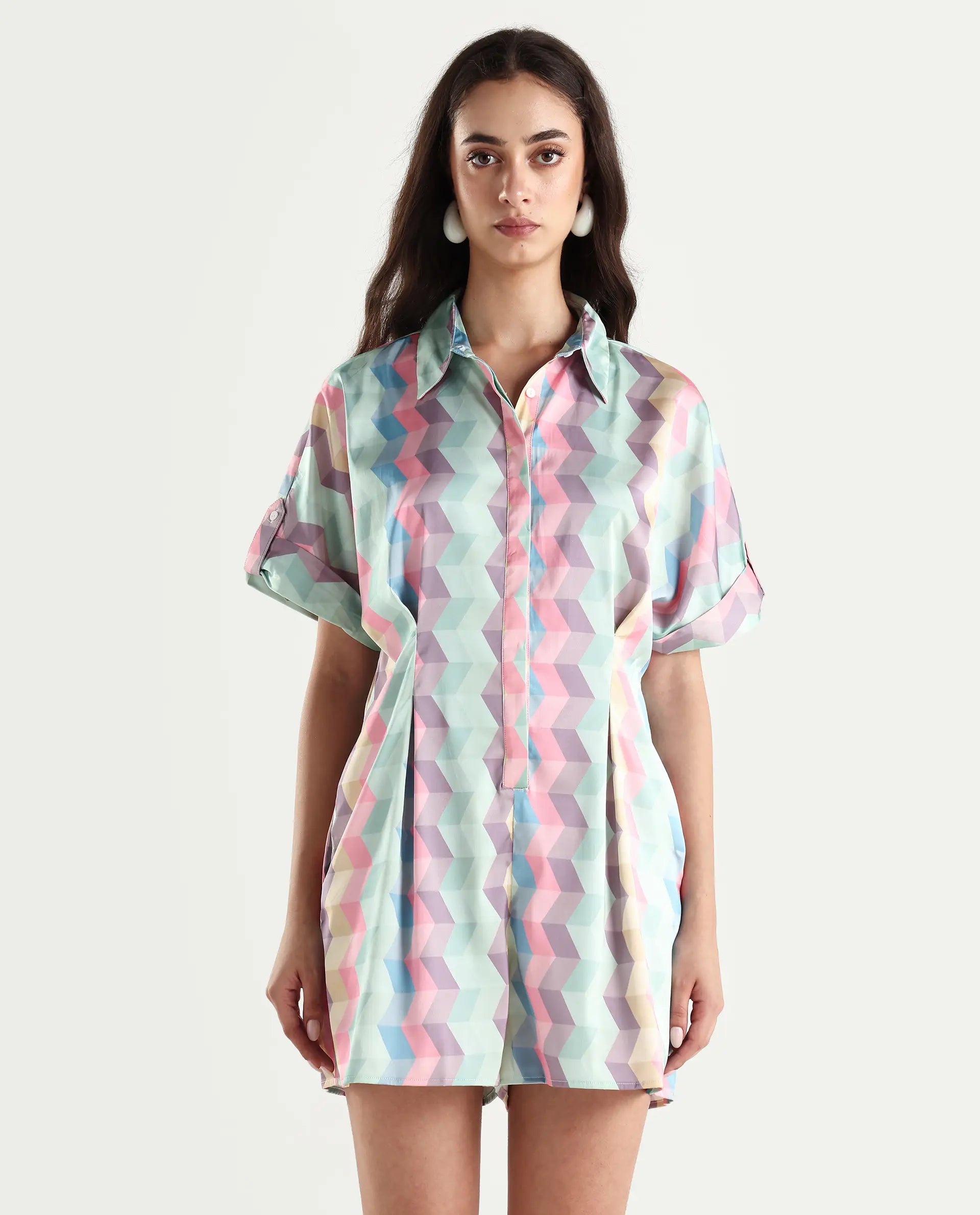 Rareism Women's Pamesan Multi Modal Spread Collar Geometric Print Regular Fit Playsuit