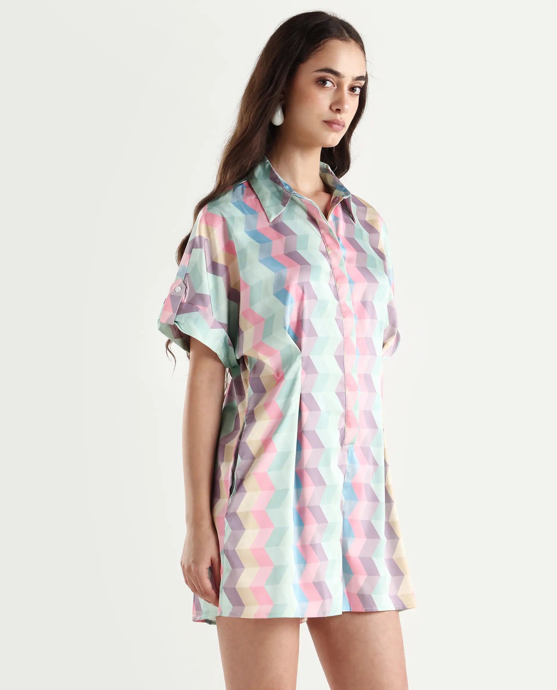 Rareism Women's Pamesan Multi Modal Spread Collar Geometric Print Regular Fit Playsuit