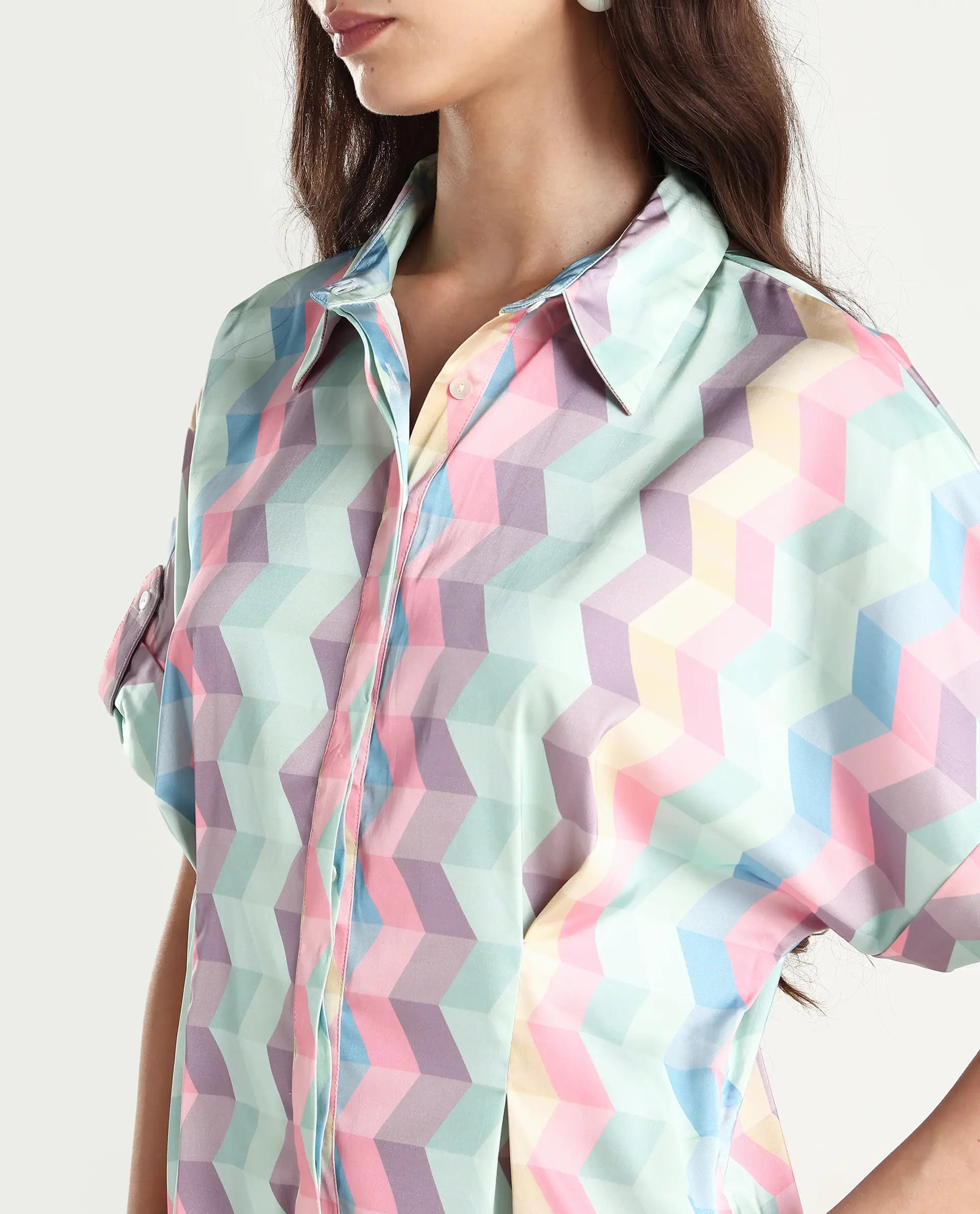 Rareism Women's Pamesan Multi Modal Spread Collar Geometric Print Regular Fit Playsuit