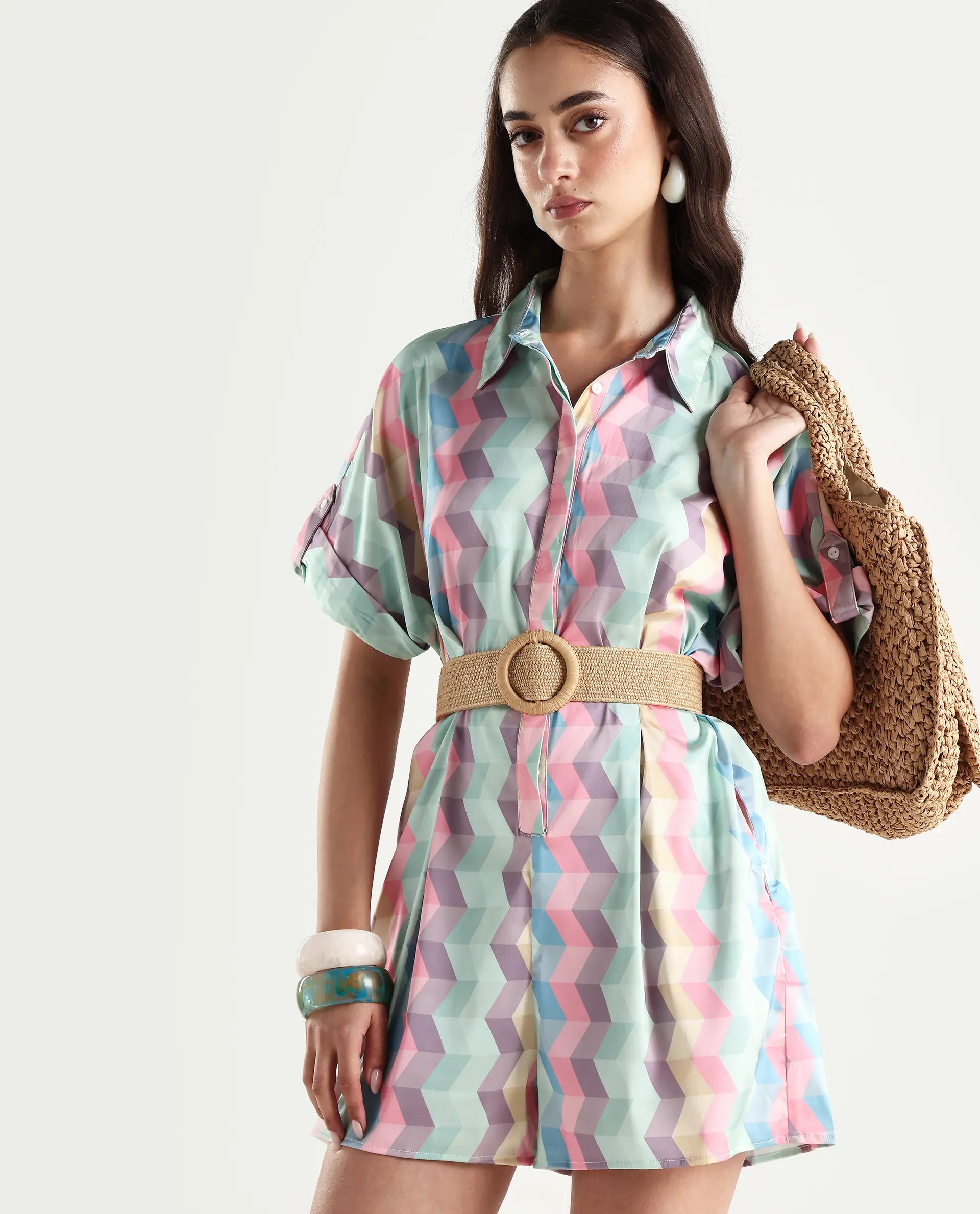 Rareism Women's Pamesan Multi Modal Spread Collar Geometric Print Regular Fit Playsuit