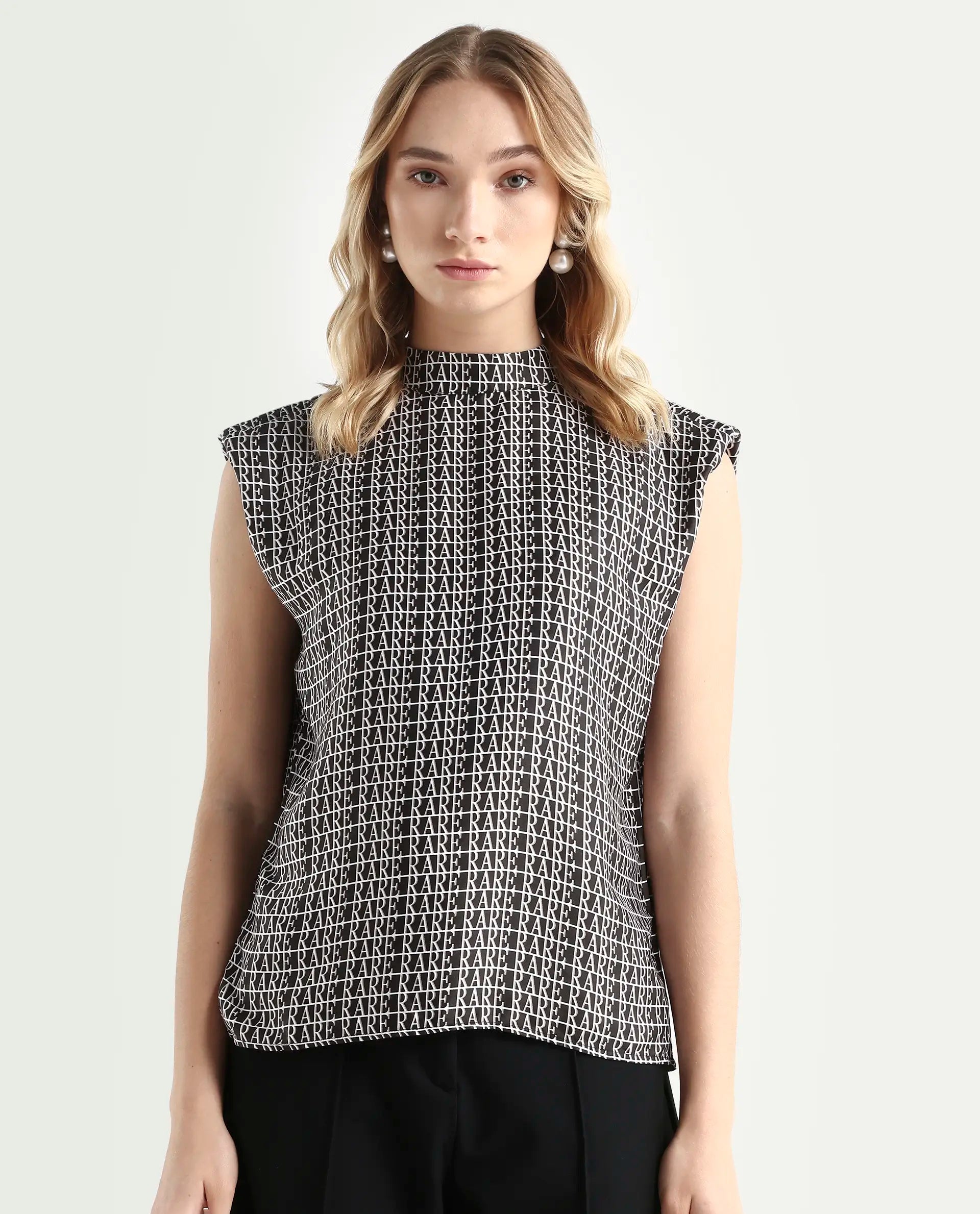 Rareism Women's Remont Black High Neck Printed Knee Length Regular Fit Top