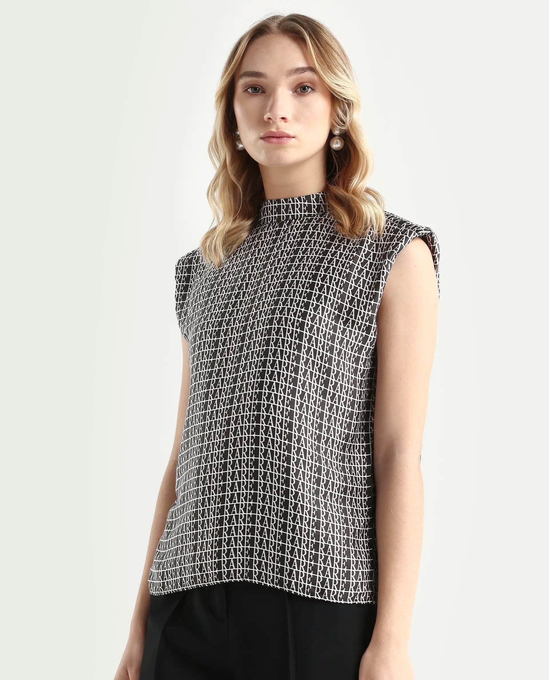 Rareism Women's Remont Black High Neck Printed Knee Length Regular Fit Top