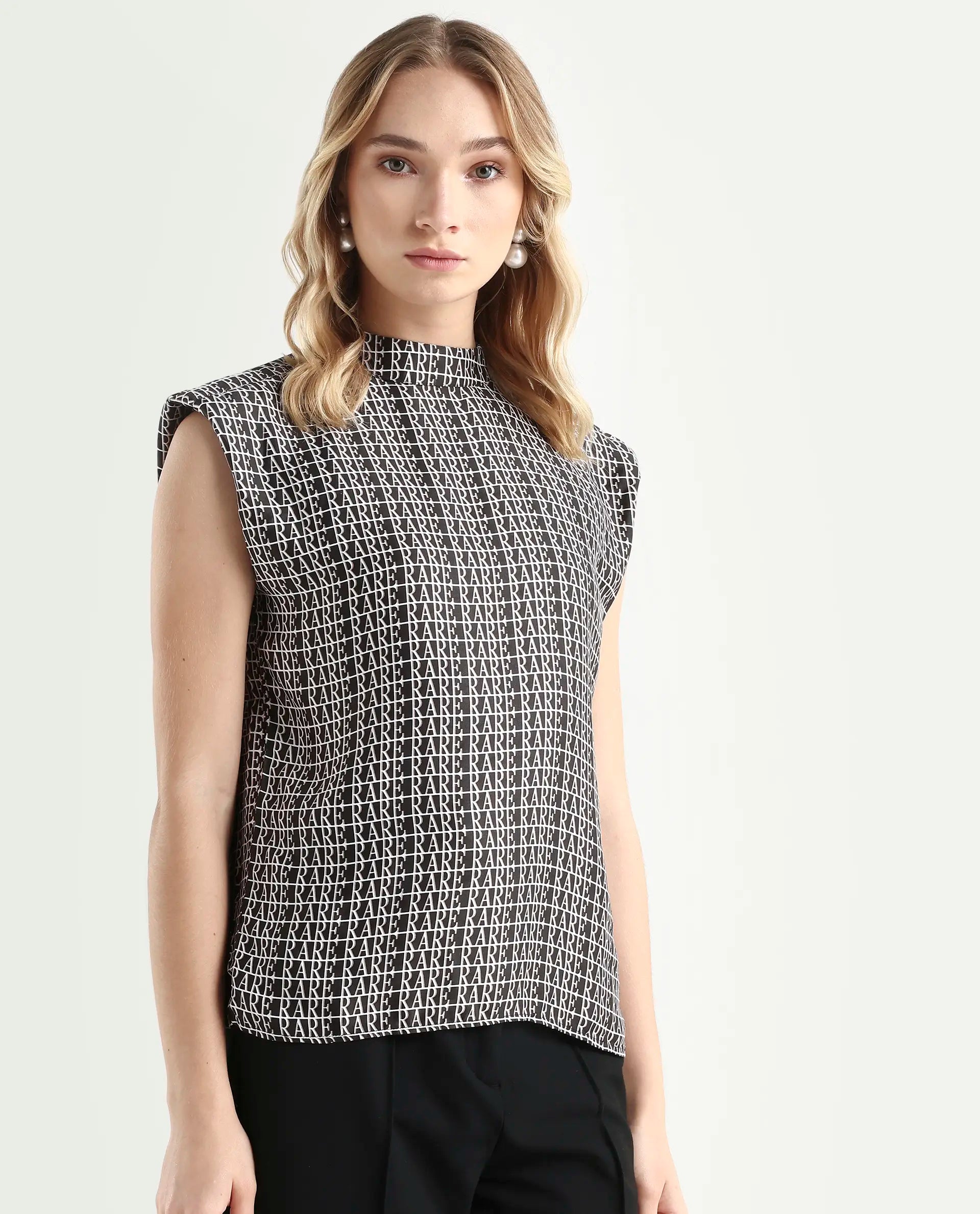 Rareism Women's Remont Black High Neck Printed Knee Length Regular Fit Top