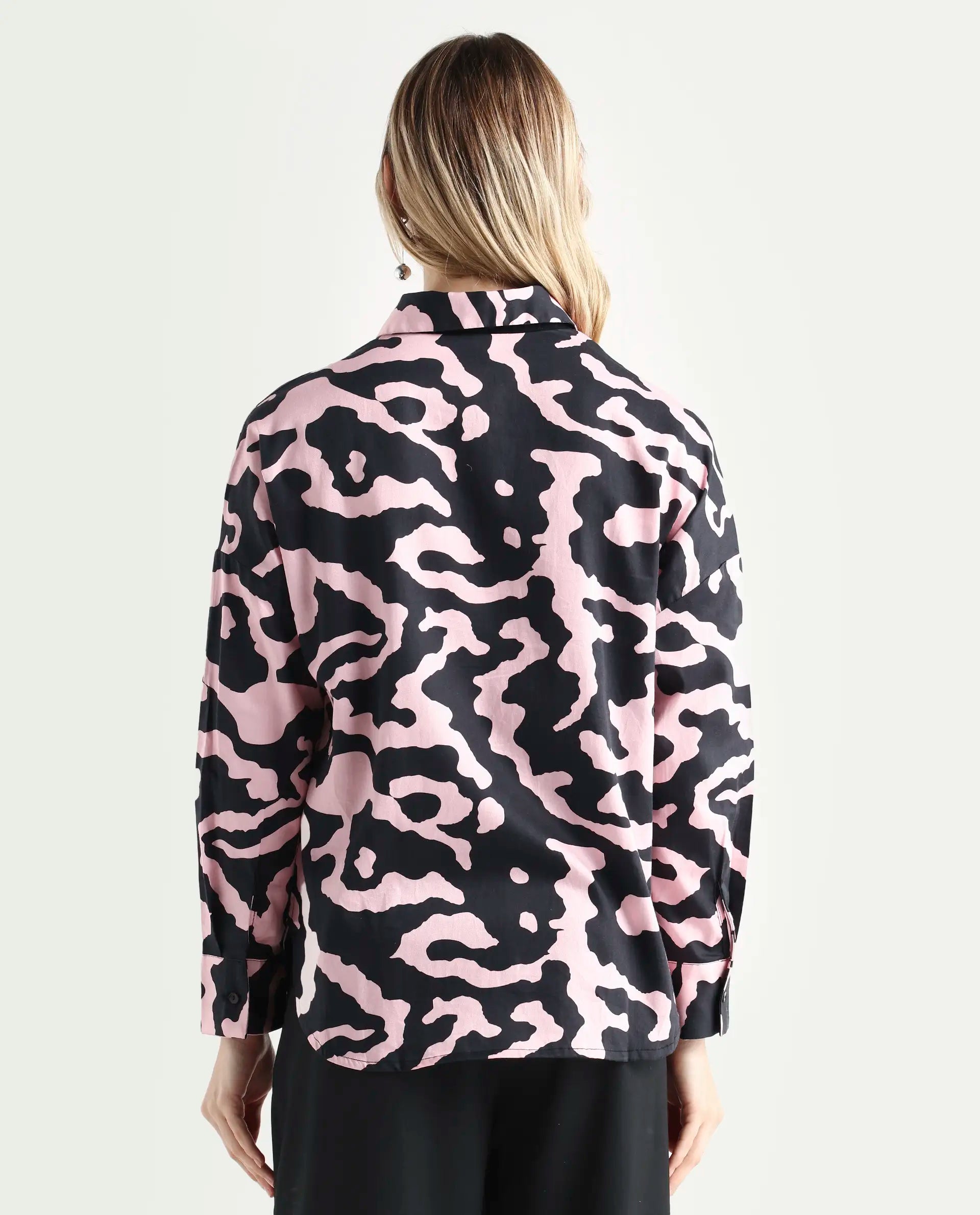 Rareism Women's Revolt Black Cotton Blend Collarless Abstract Print Regular Fit Top