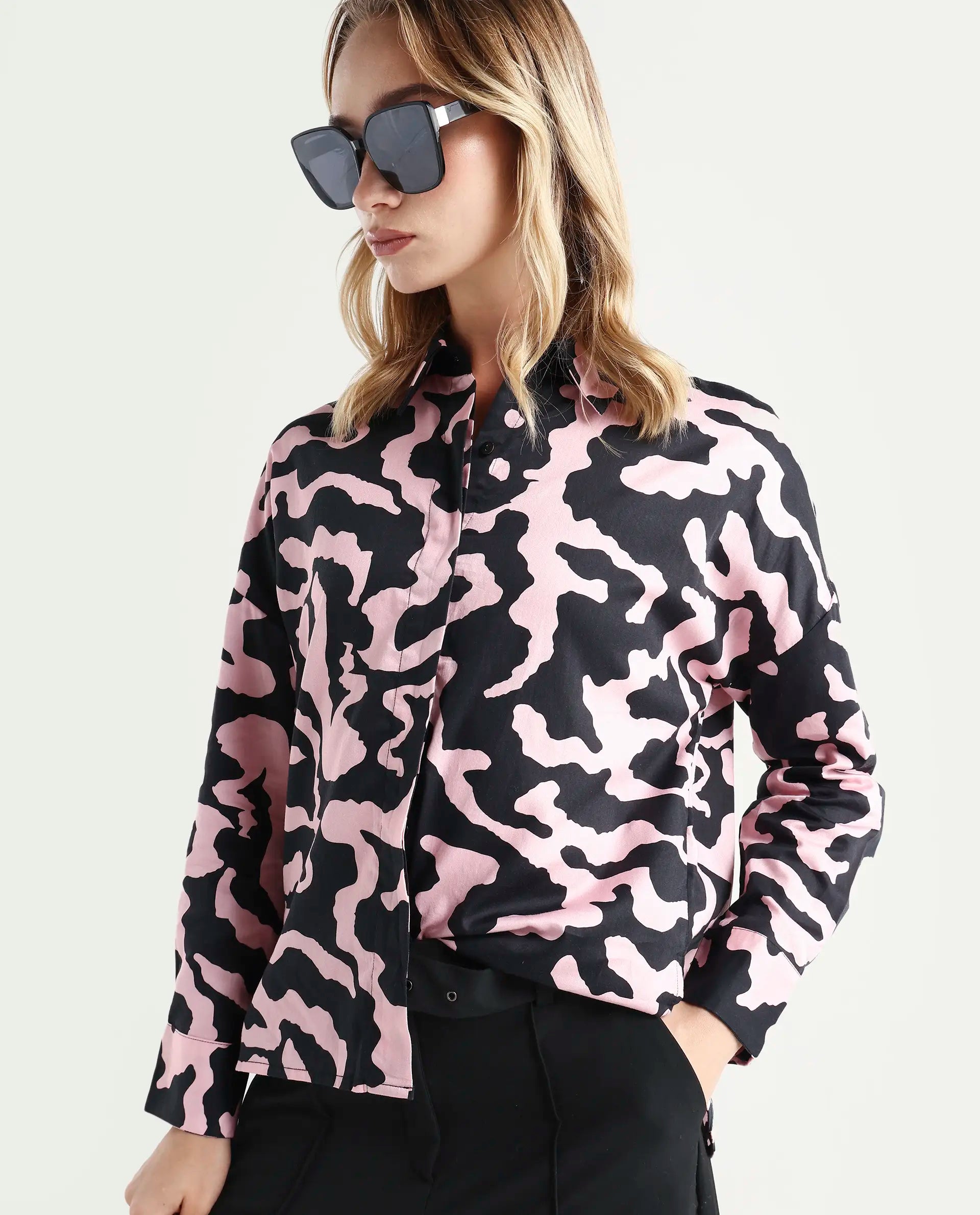 Rareism Women's Revolt Black Cotton Blend Collarless Abstract Print Regular Fit Top