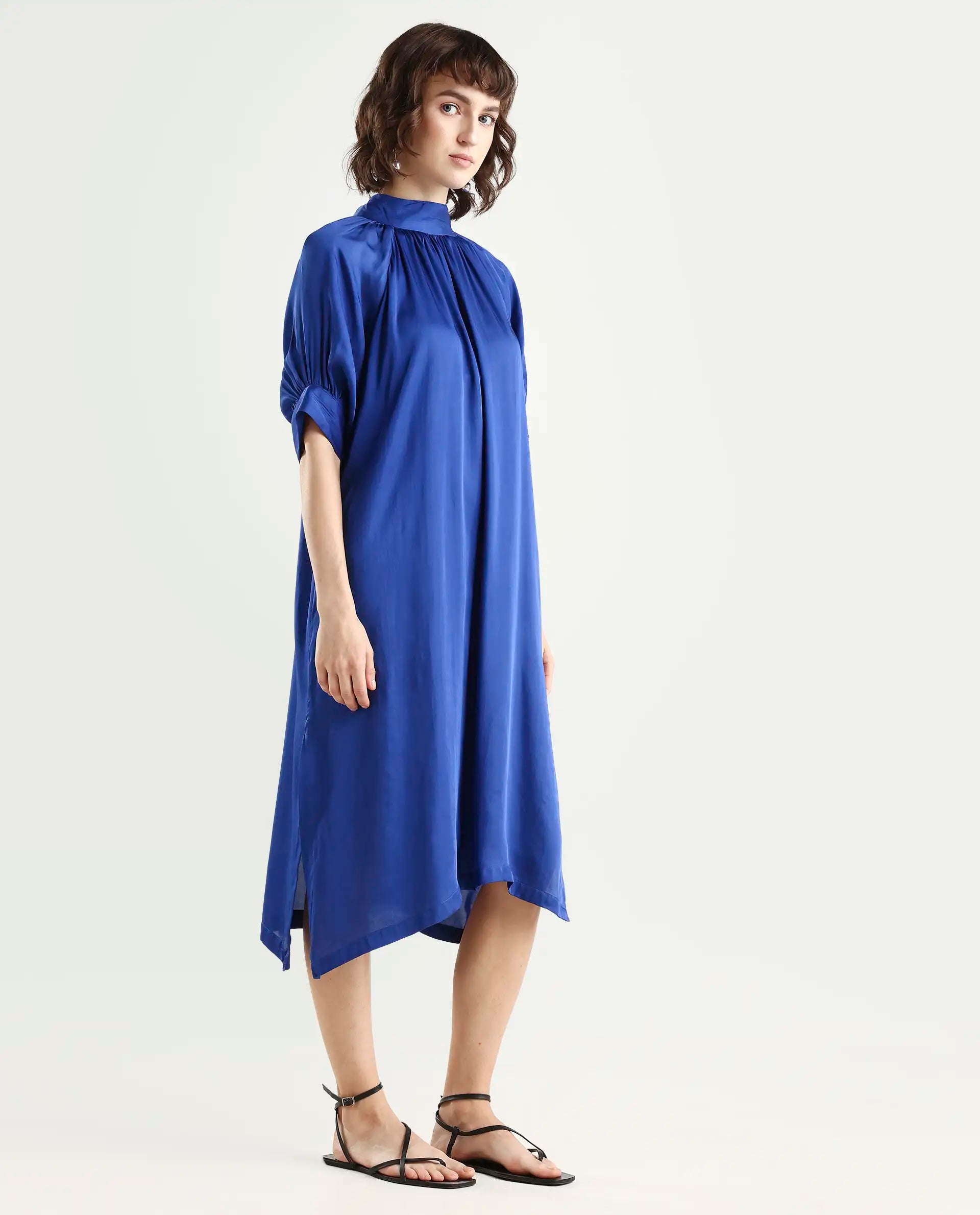 Rareism Women's Shiver Blue Modal Blend Sweetheart Neck Plain Puff Sleeves Midi Regular Fit Dress